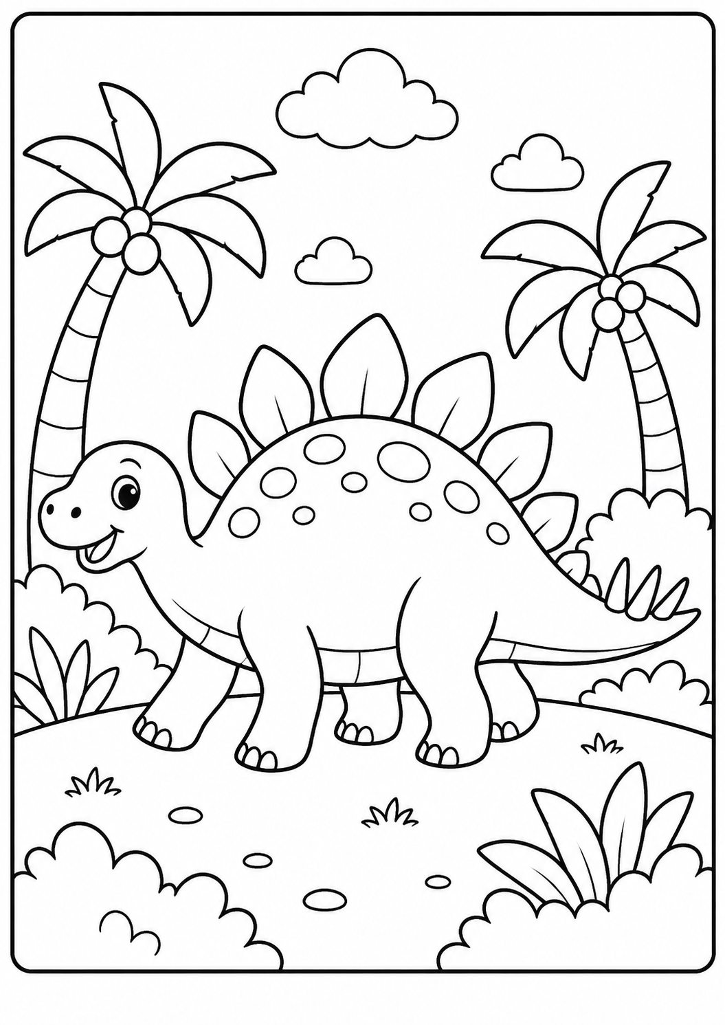 Color a happy Stegosaurus strolling between prehistoric palm trees. Its many back plates, spots and plants create a moderate activity for ages 5–8.