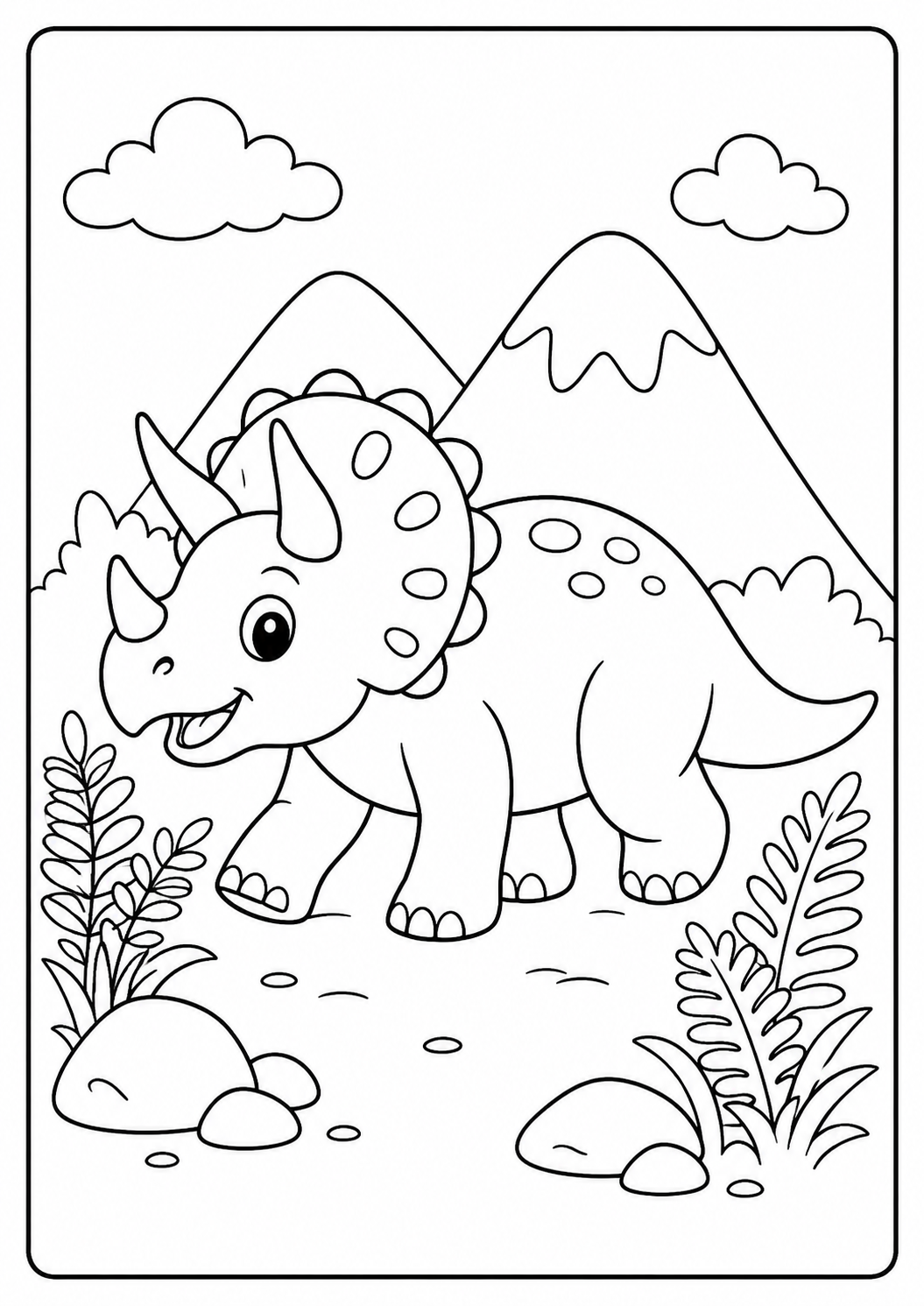 Color a friendly three-horned Triceratops exploring plants and rocks beneath tall mountains. The horns, frill and foliage suit children ages 5–8.