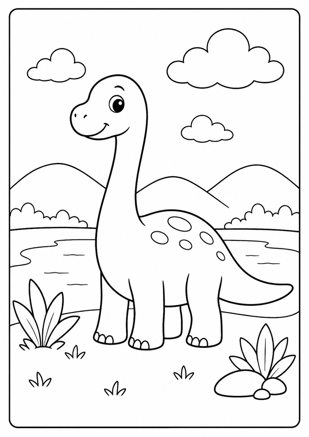 Color a gentle long-neck dinosaur beside a peaceful lake and hills. The large coloring areas and uncluttered scene make this printable ideal for ages 3–6.