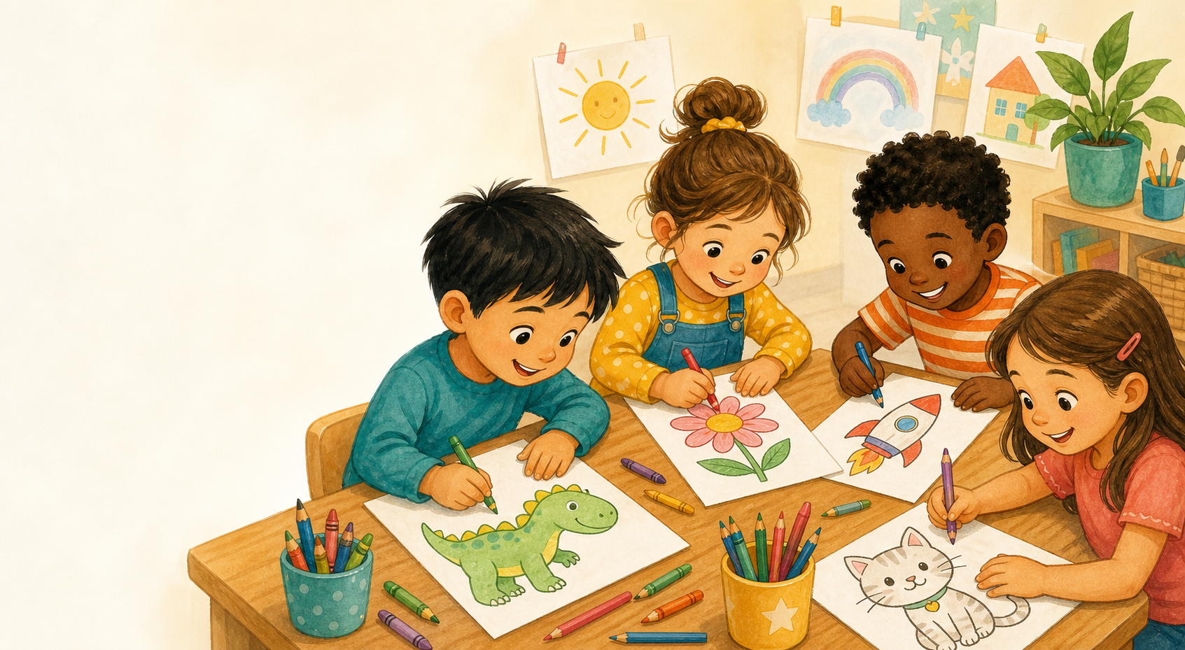 Four children enjoying coloring activities together