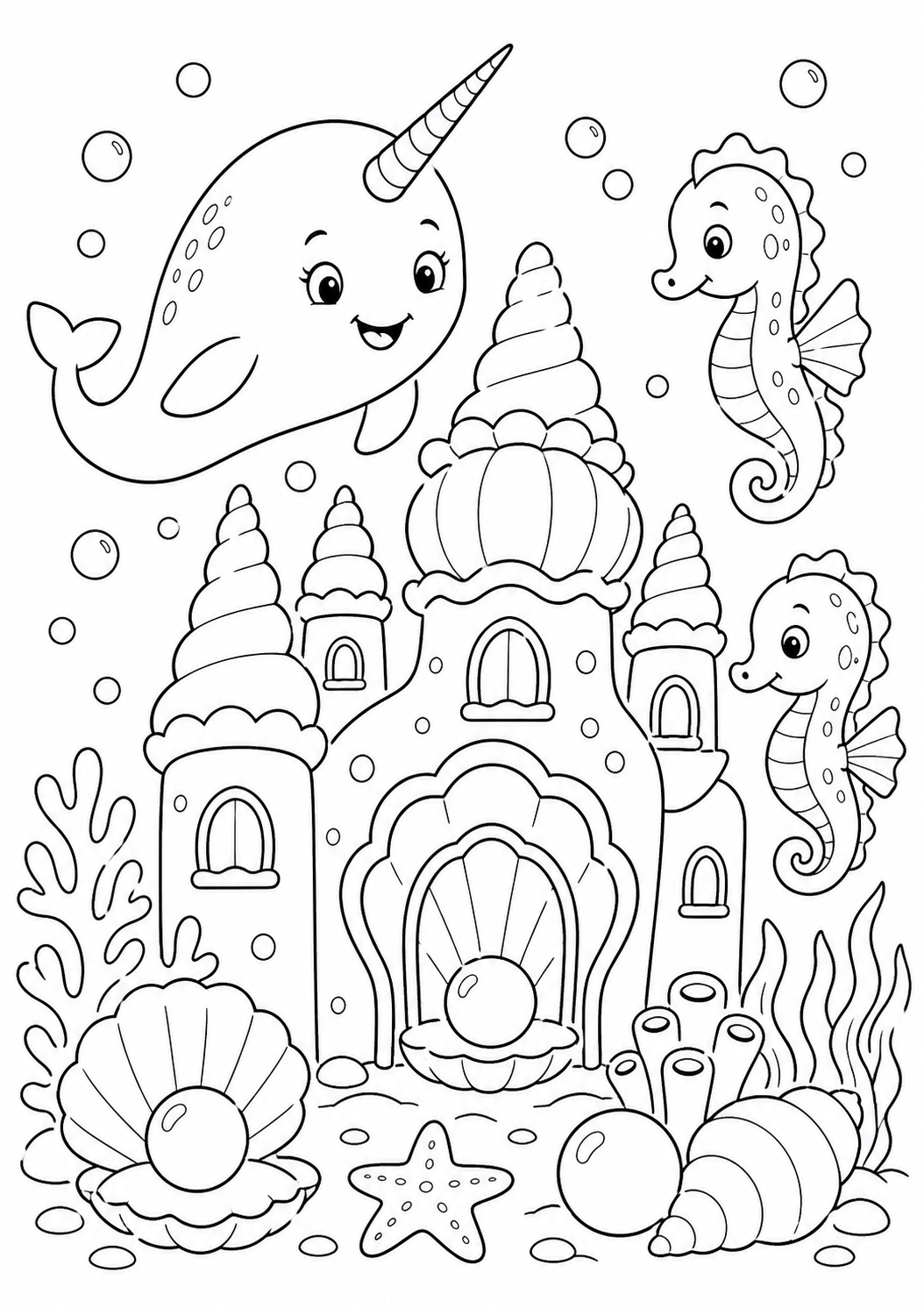 Printable narwhal and seahorses at a seashell castle coloring page