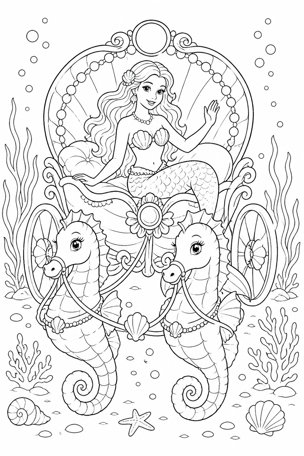 Printable mermaid riding in a pearl carriage with seahorses coloring page