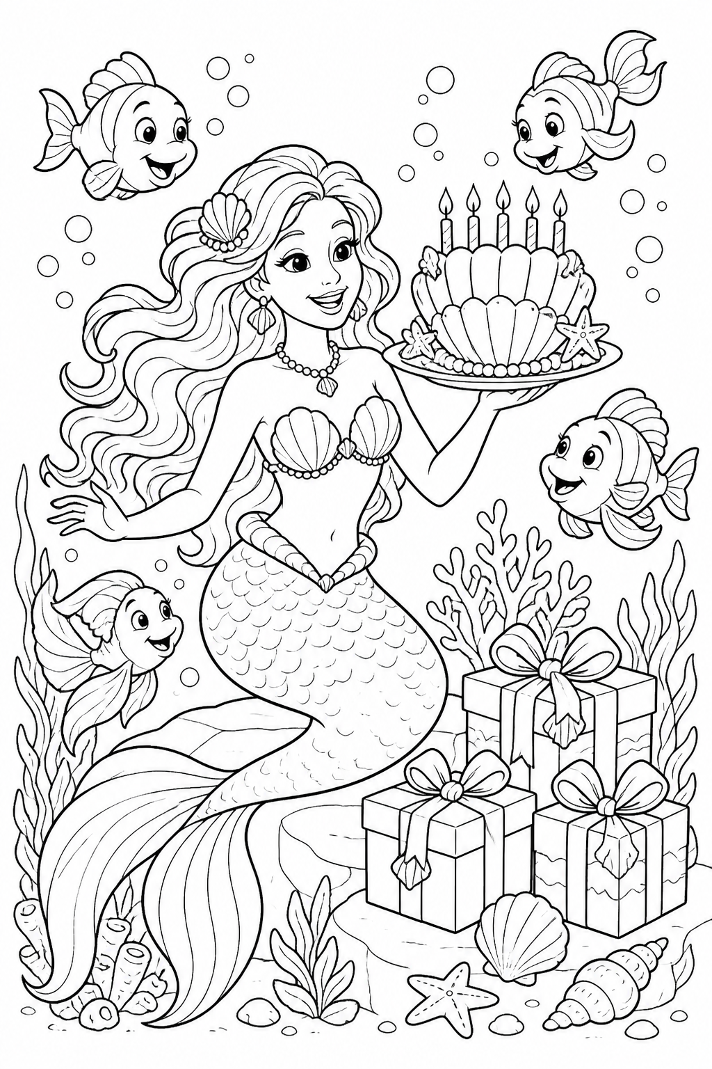 Printable mermaid underwater birthday party coloring page