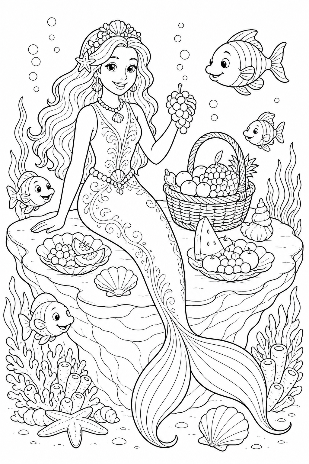 Printable mermaid having an underwater picnic coloring page
