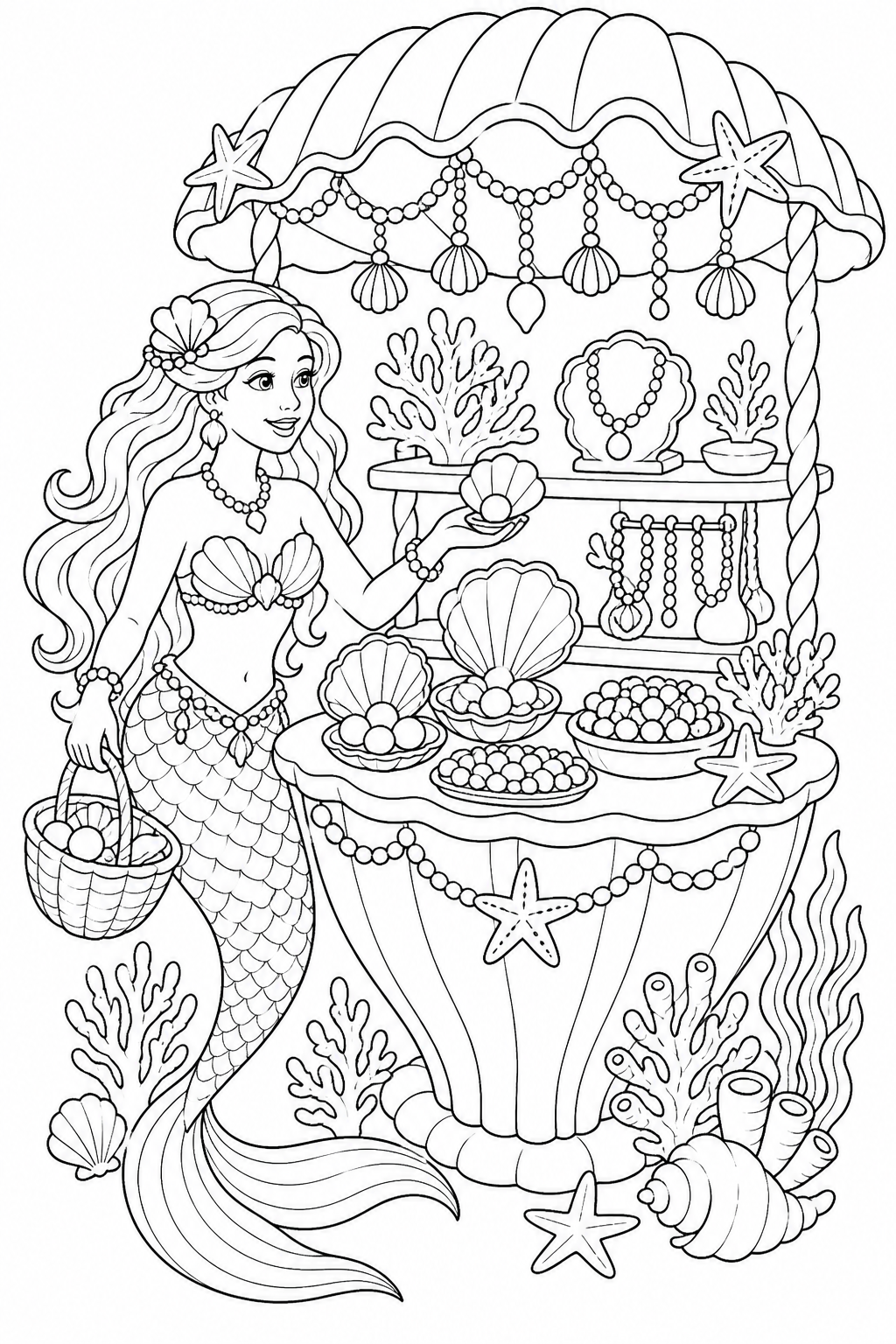 Printable mermaid shopping at an underwater seashell market coloring page