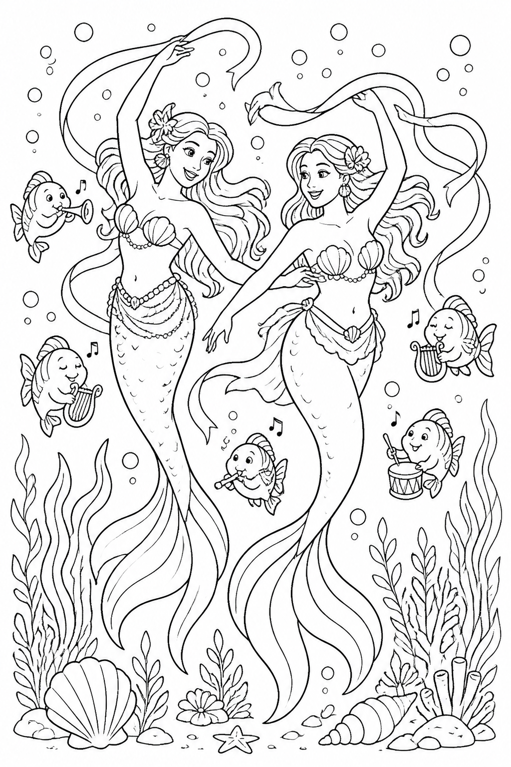 Printable dancing mermaid friends with musical fish coloring page