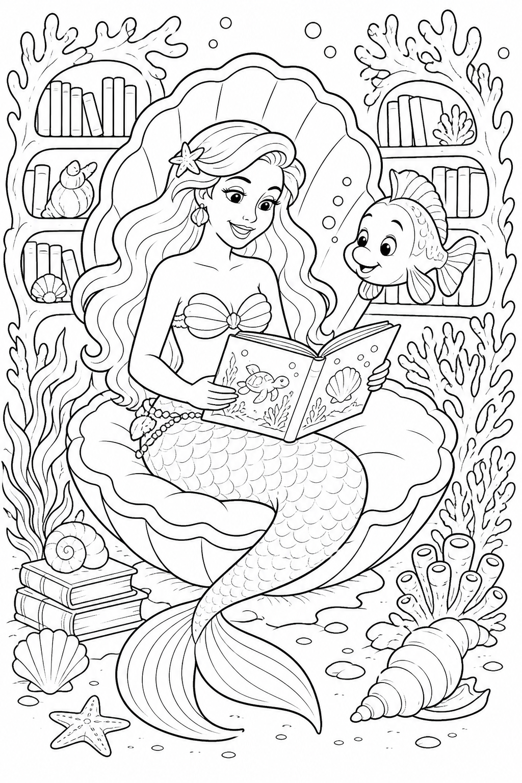 Printable mermaid reading in an underwater seashell library coloring page