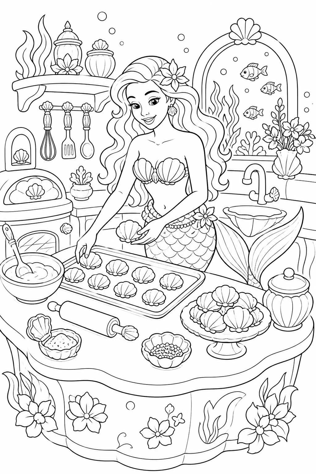 Printable mermaid baking shell cookies in an underwater kitchen coloring page