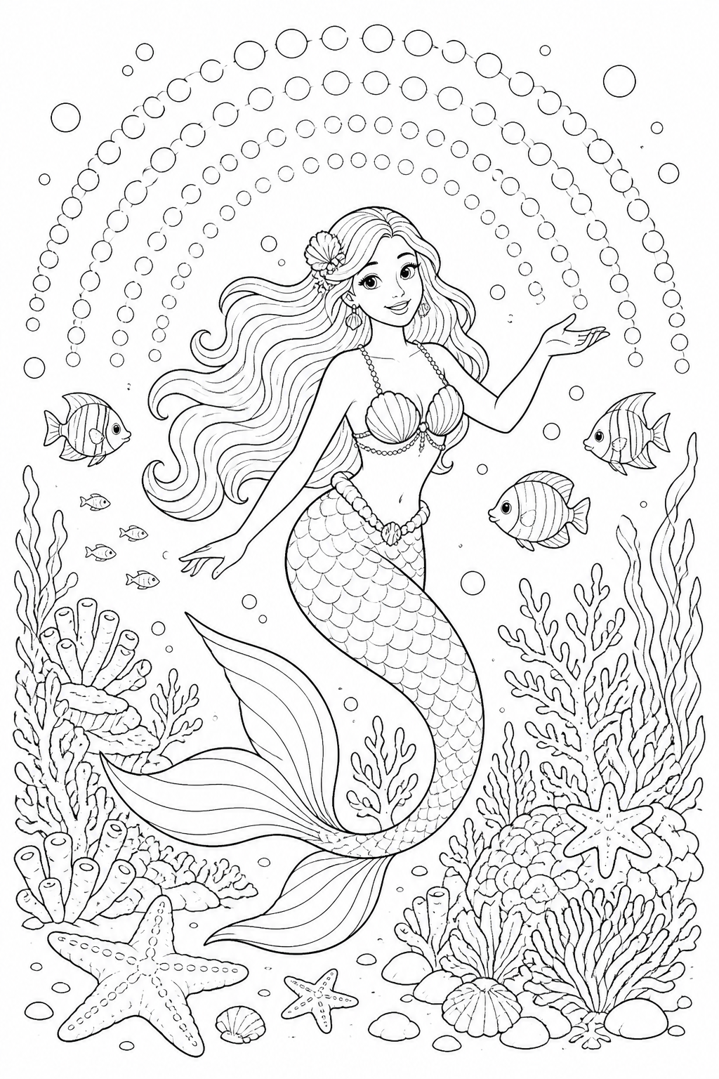 Printable mermaid beneath a bubble rainbow in a coral reef coloring page