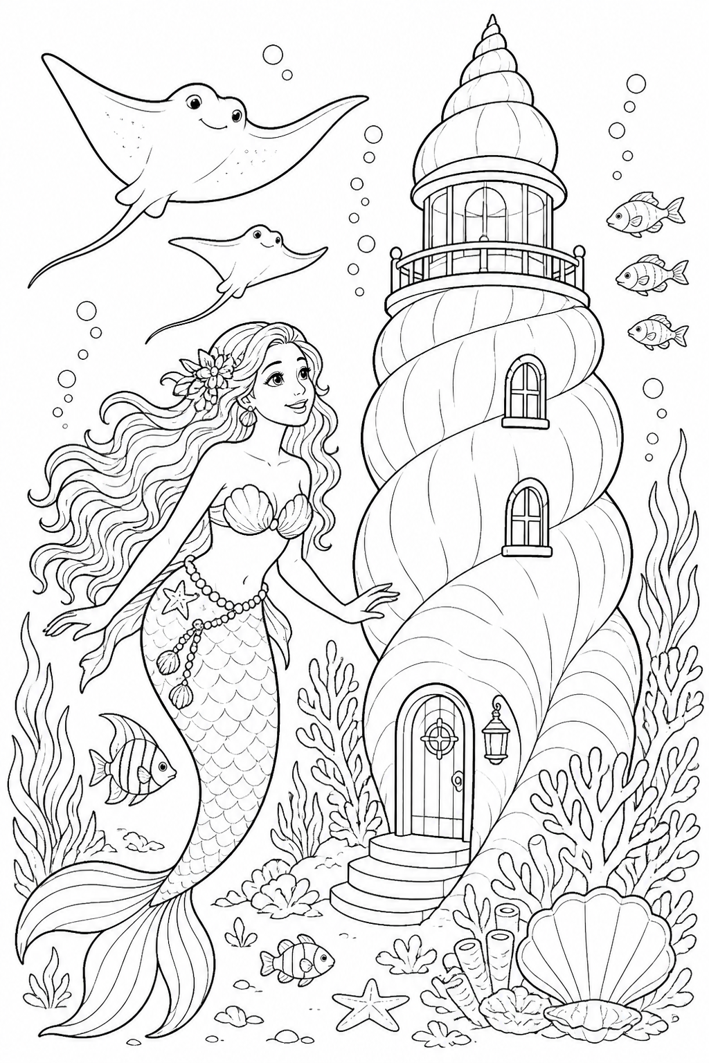 Printable mermaid visiting an underwater seashell lighthouse coloring page