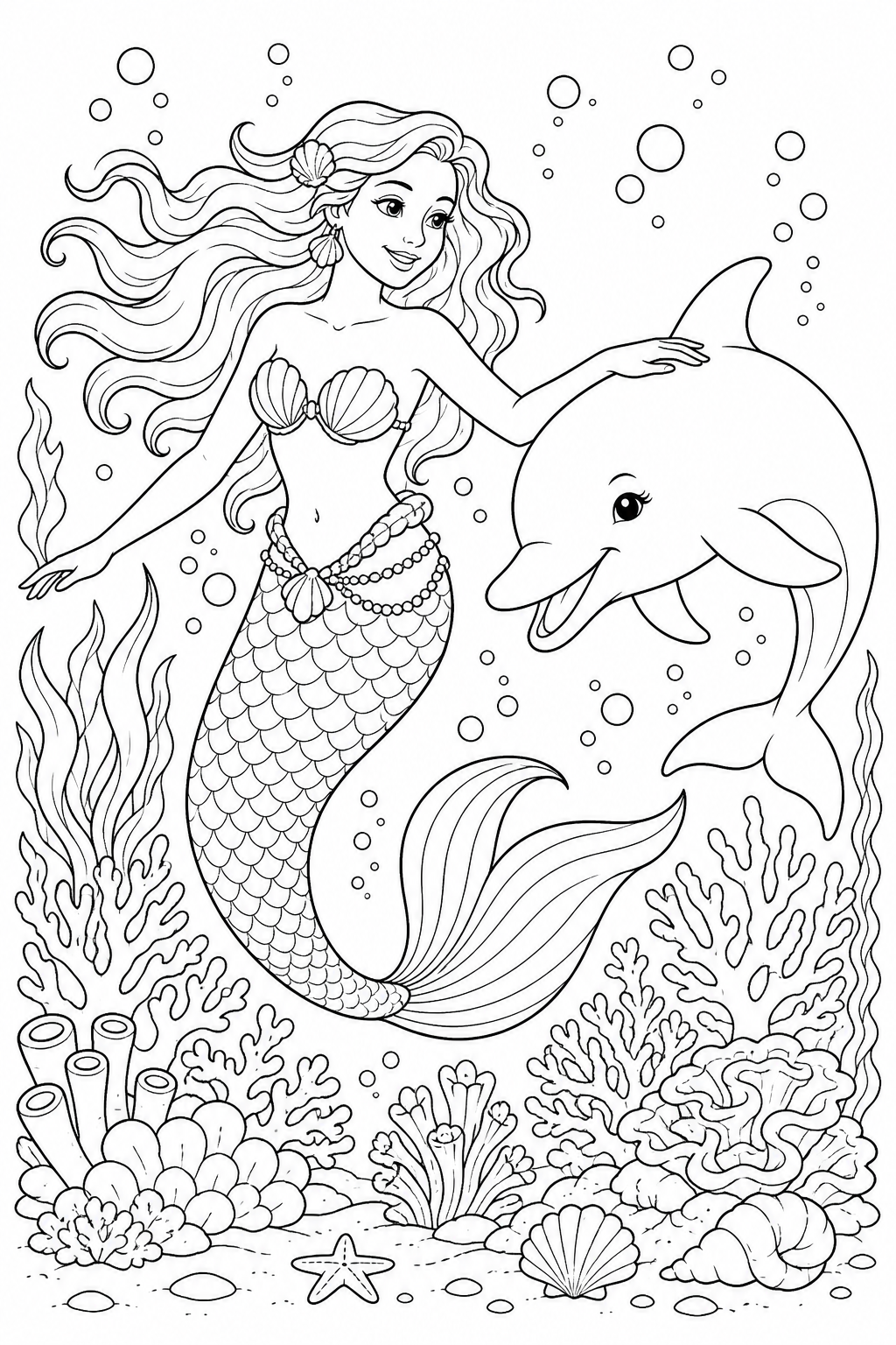 Printable mermaid swimming with a dolphin coloring page