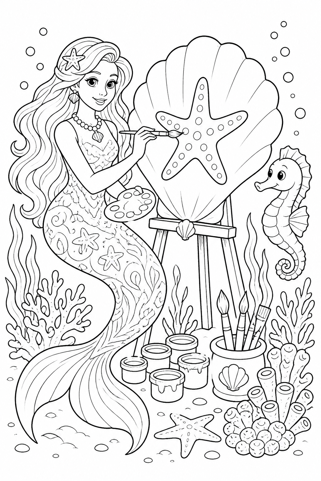 Printable mermaid painting a starfish on a seashell canvas coloring page