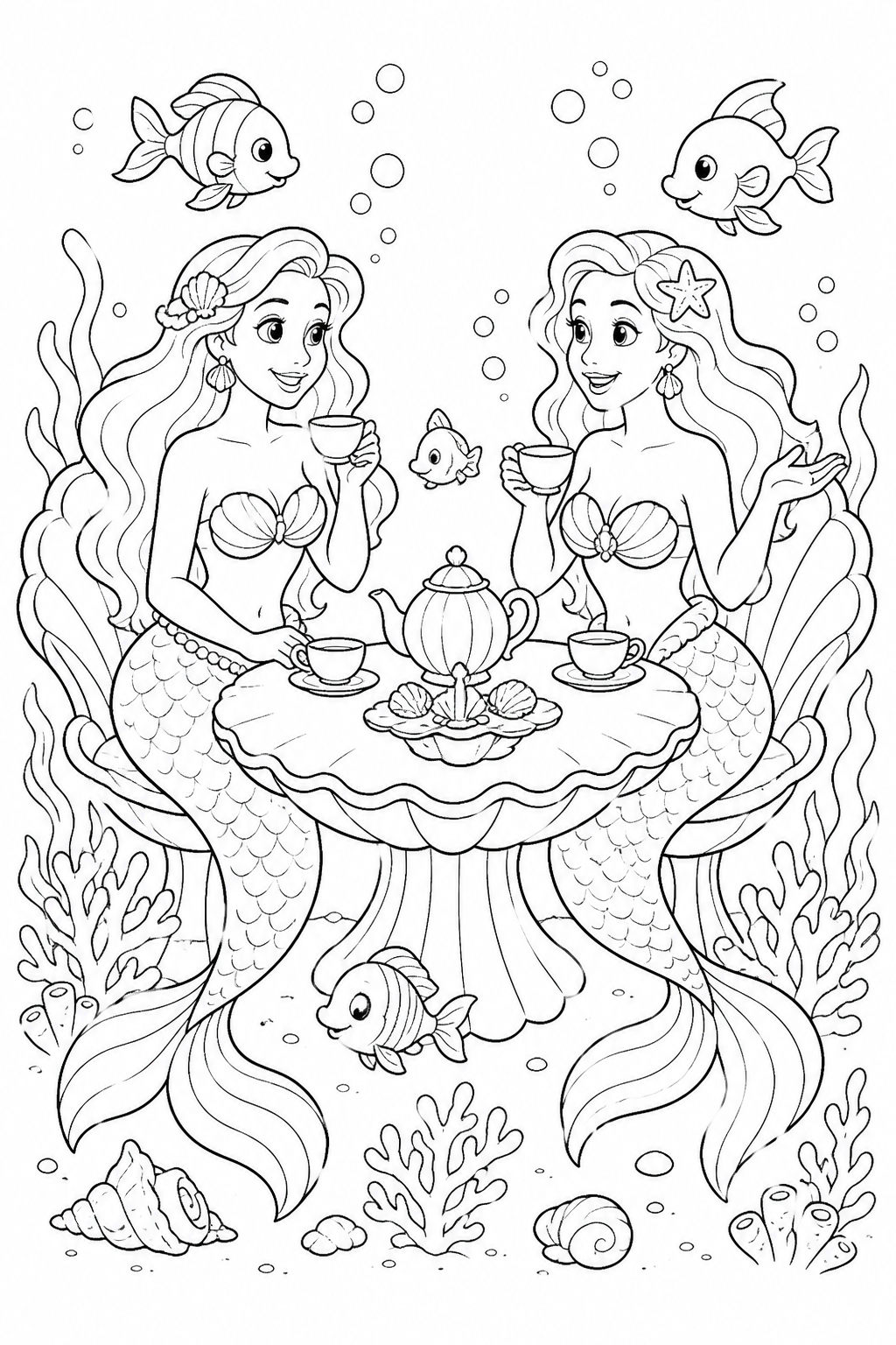 Printable underwater mermaid friends tea party coloring page
