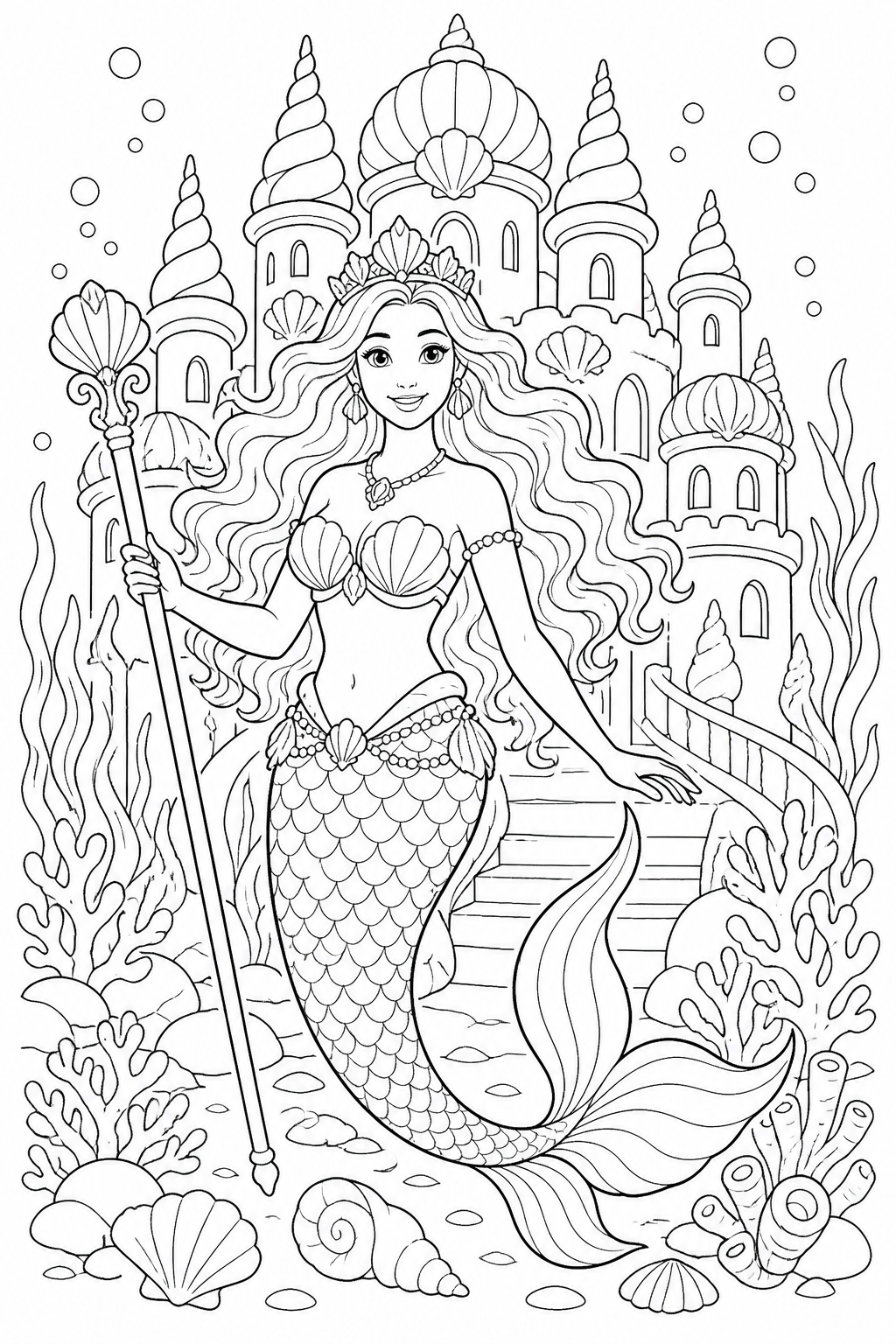 Printable mermaid queen in front of an underwater castle coloring page