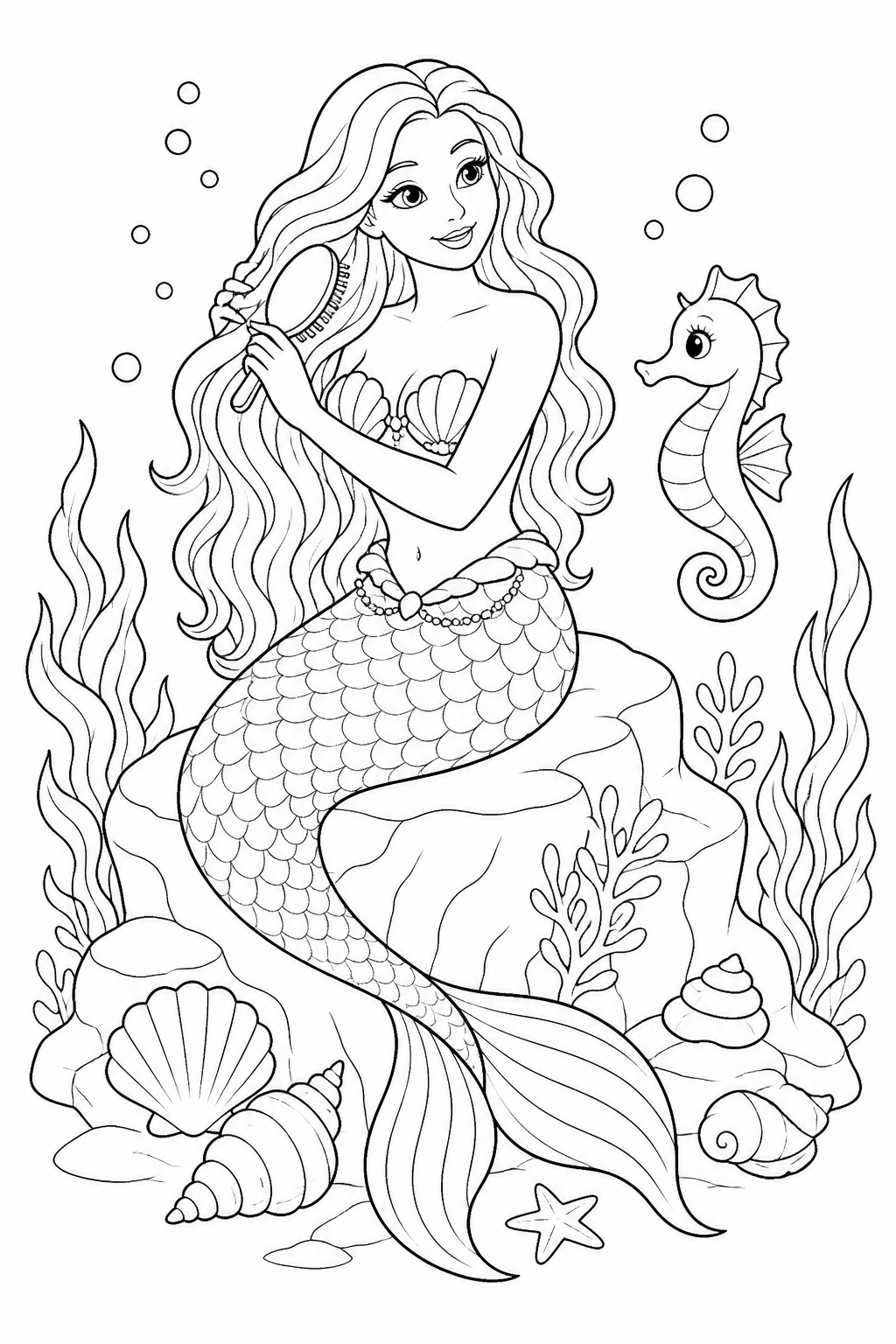 Printable mermaid brushing long hair with seahorse coloring page