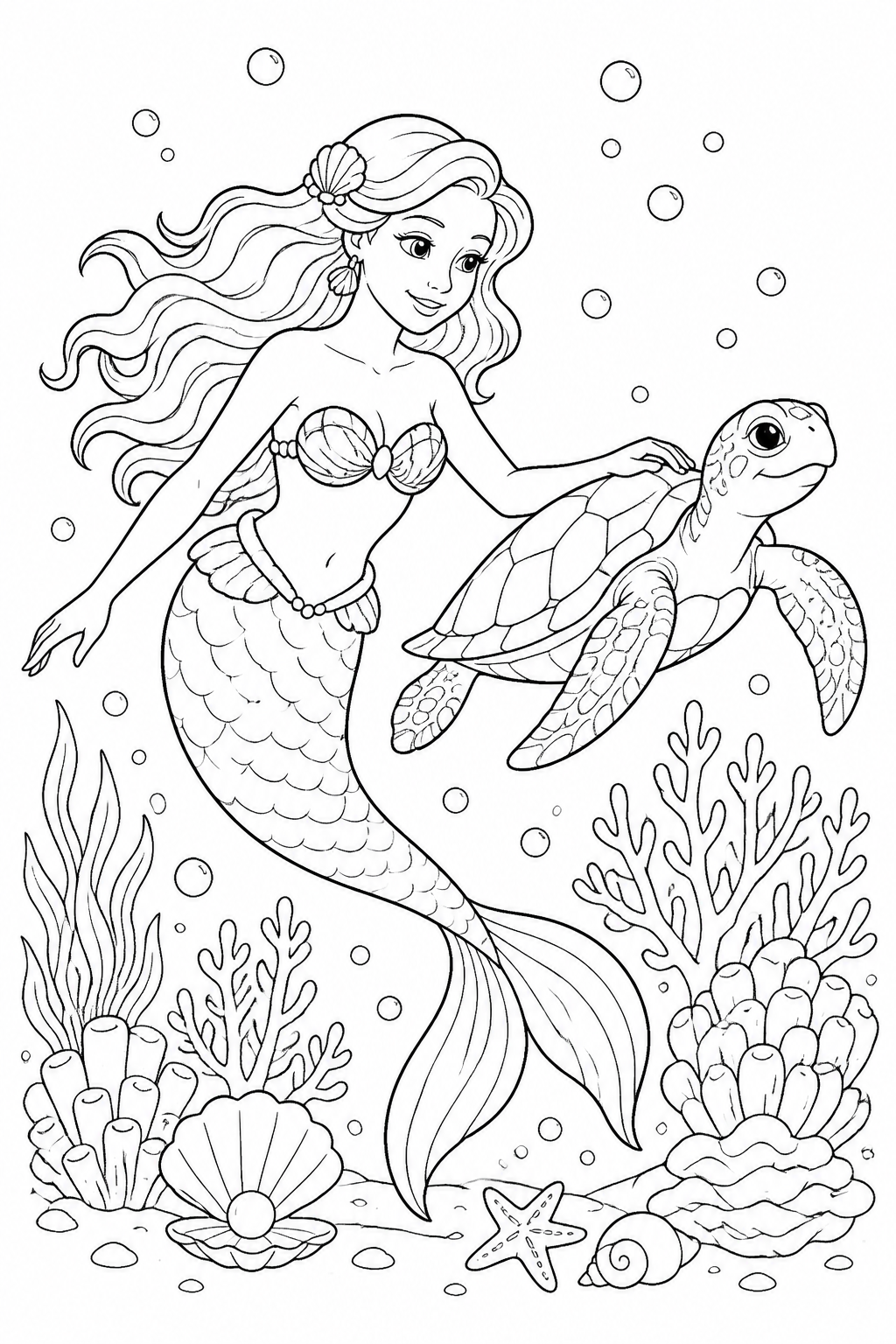Printable mermaid swimming with sea turtle coloring page