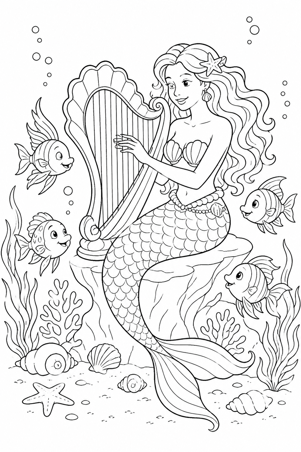 Printable musical mermaid playing an underwater harp coloring page