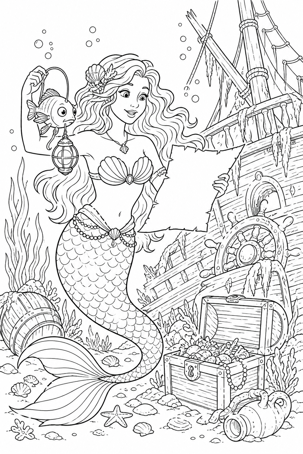 Printable mermaid exploring a sunken ship and treasure coloring page