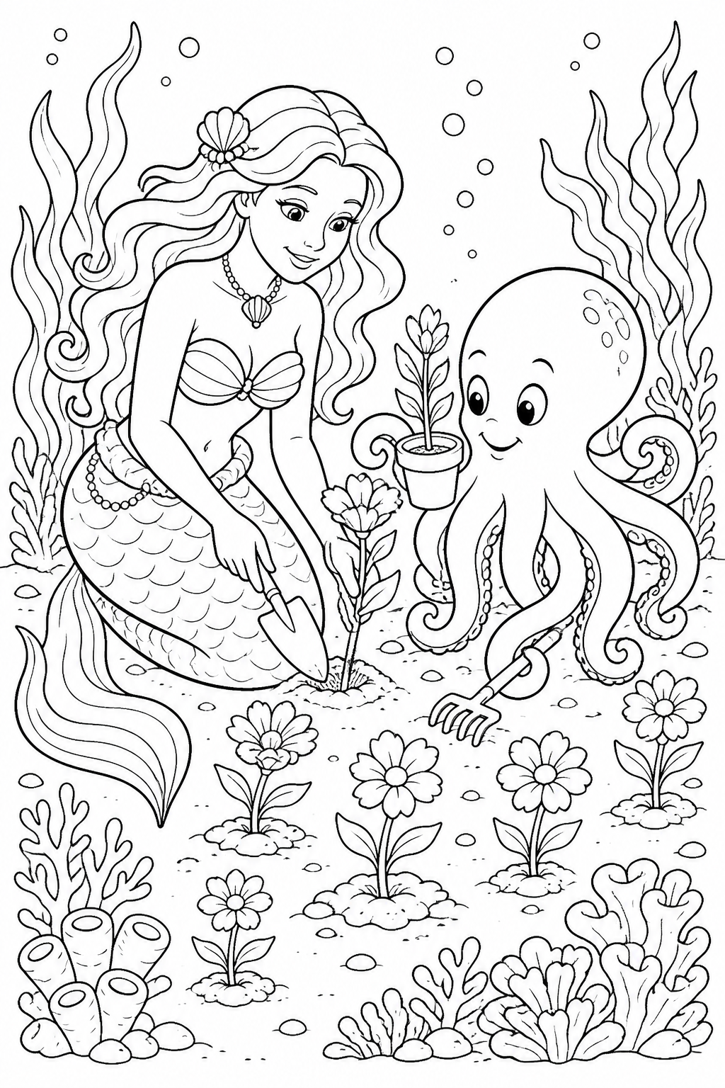 Printable mermaid and octopus planting an underwater garden coloring page