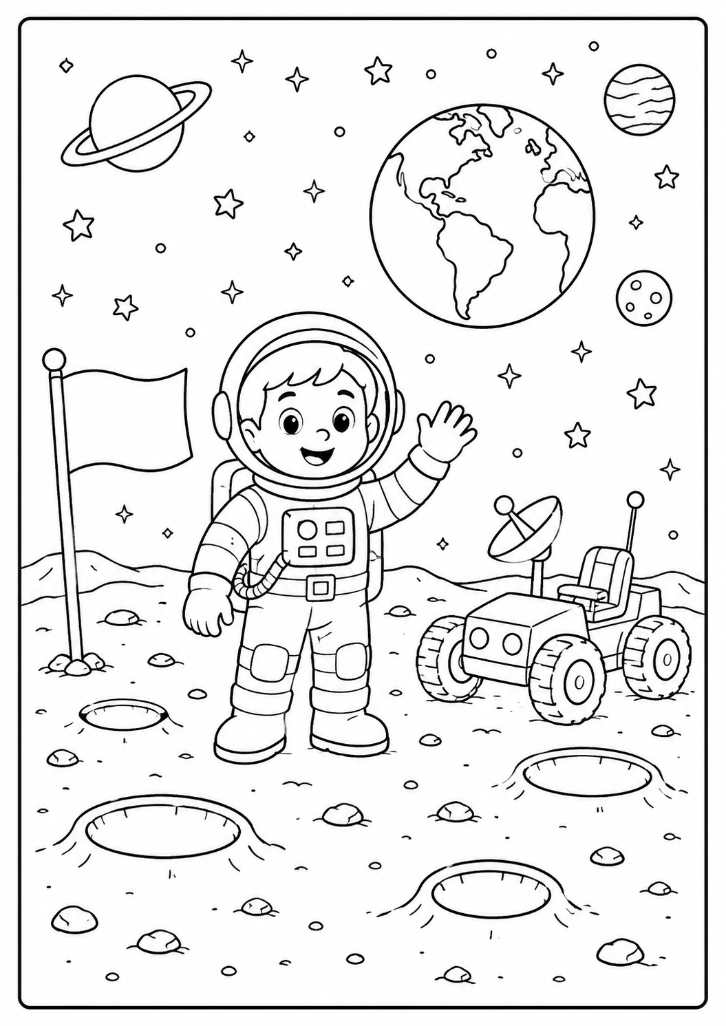 Color a young astronaut waving beside a moon rover, flag and distant Earth. This free printable lunar adventure has clear shapes for children ages 4–7.