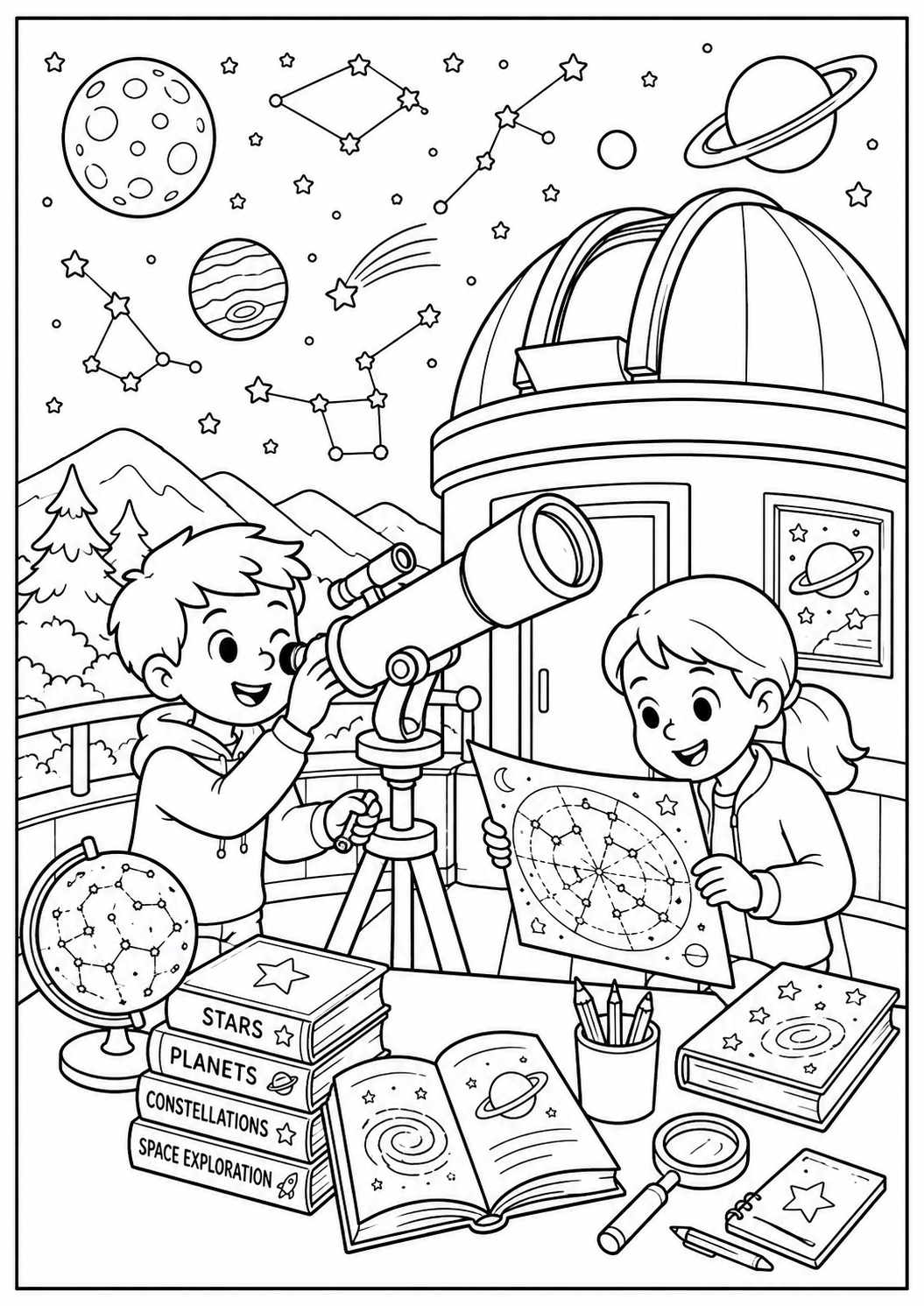 Color two children exploring stars, constellations and planets inside a busy observatory. The books, maps and telescope details are ideal for ages 6–9.