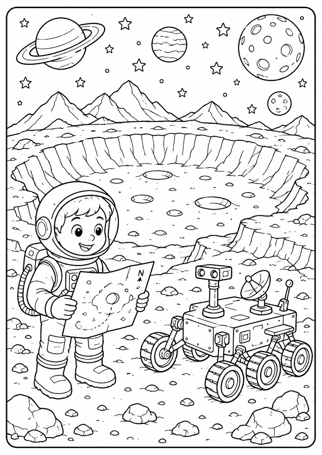 Color an astronaut studying a map beside a rover at the edge of a giant lunar crater. The rocky landscape and equipment provide a challenge for ages 6–9.