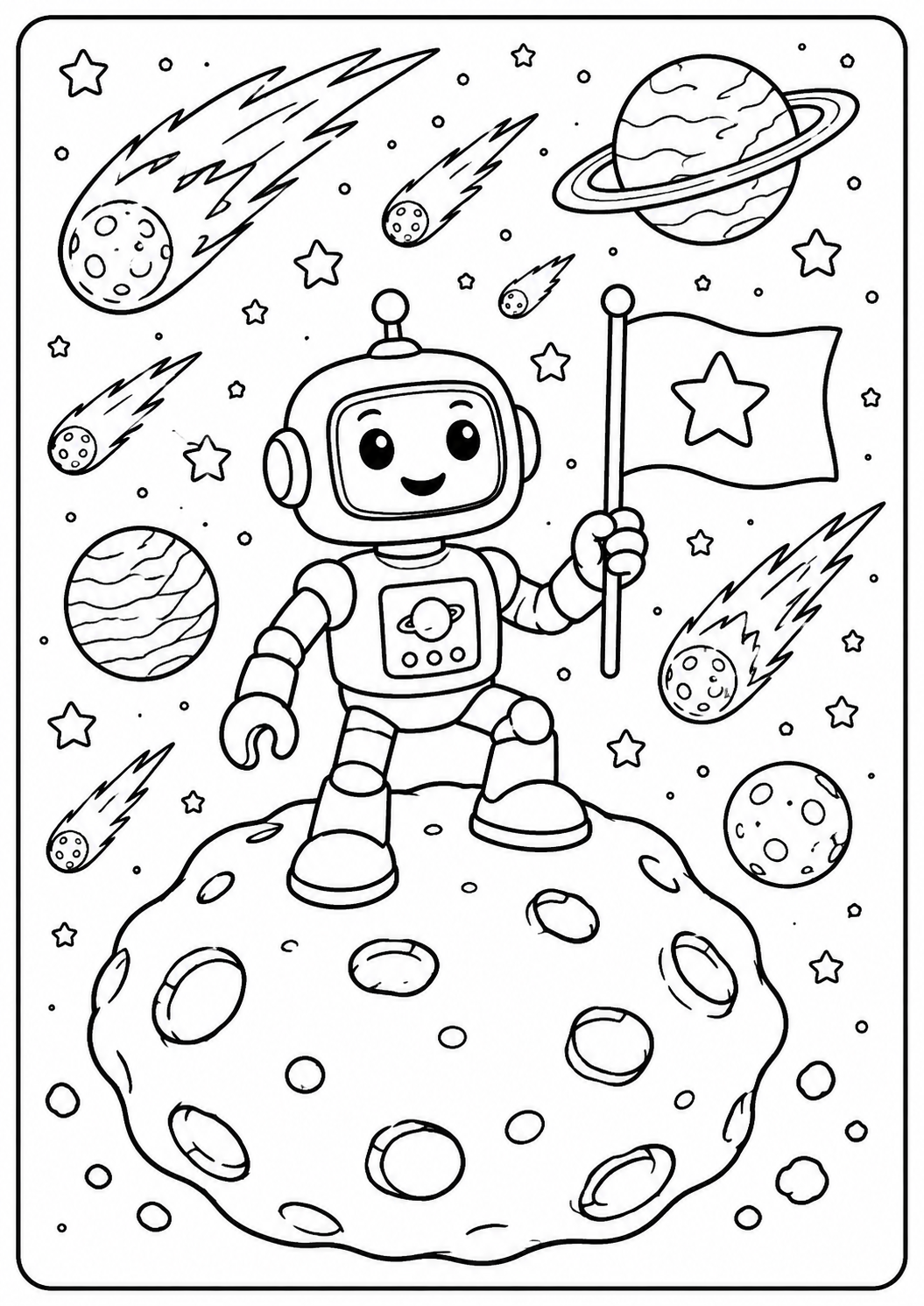 Color a cheerful robot planting a star flag on a cratered asteroid while comets fly overhead. This adventurous space printable is suited to ages 4–7.