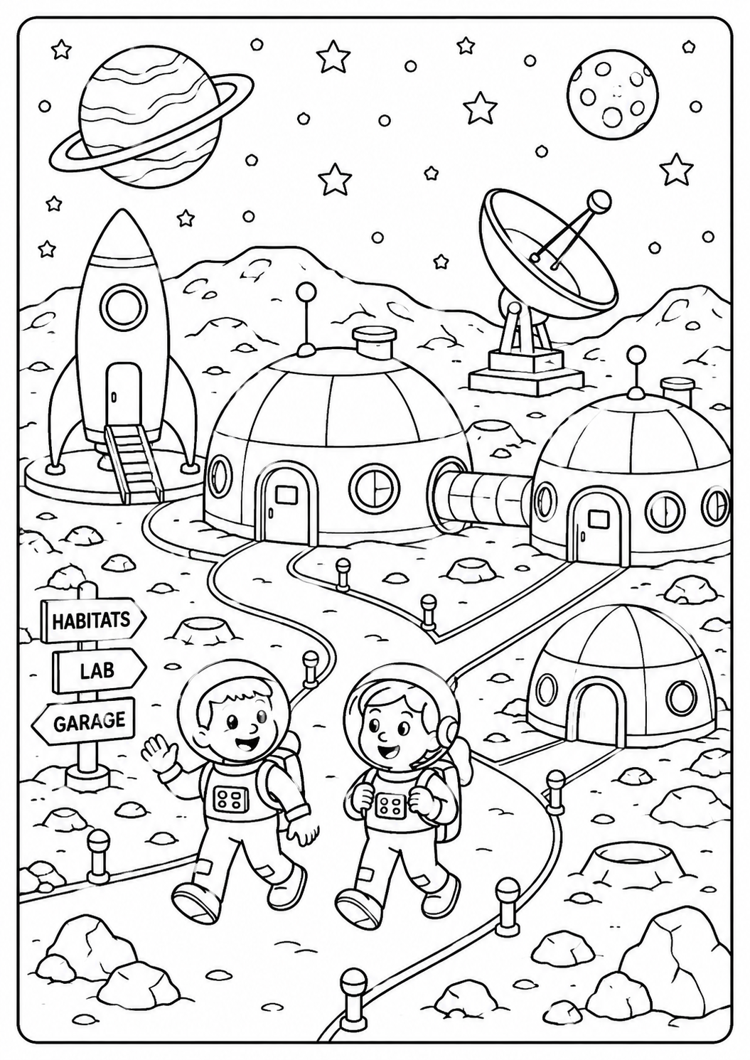 Color two young explorers visiting a moon colony with habitat domes, a rocket, laboratory and garage. The detailed settlement is best for ages 6–9.