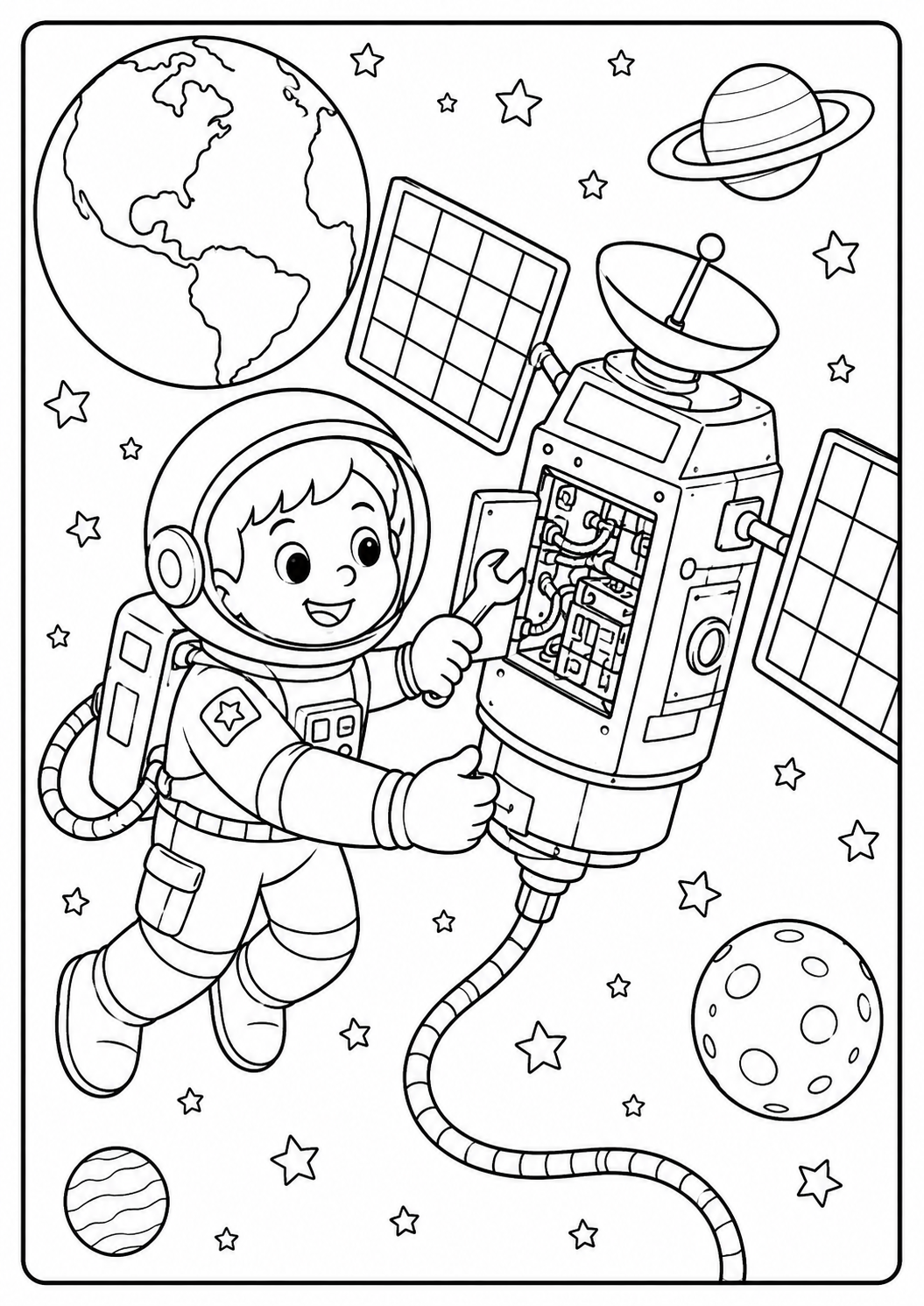 Color an astronaut holding a tool beside a satellite with solar panels and a large dish. This hands-on space mission printable suits children ages 5–8.