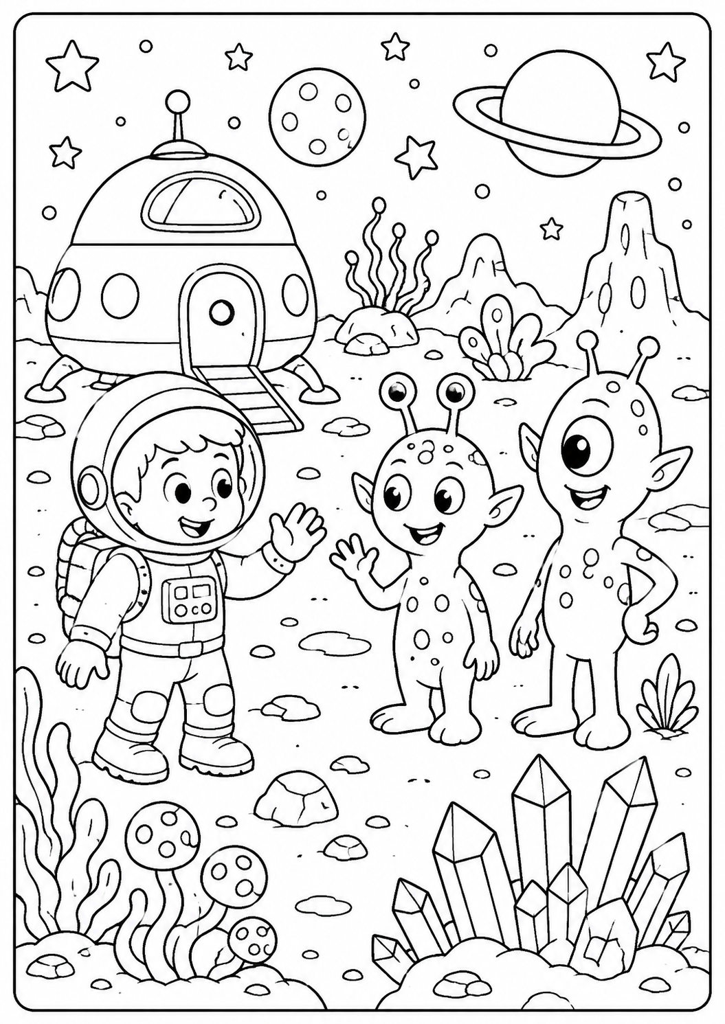 Color a young astronaut meeting three friendly aliens among crystal formations and unusual plants. This imaginative lunar scene is made for ages 5–8.