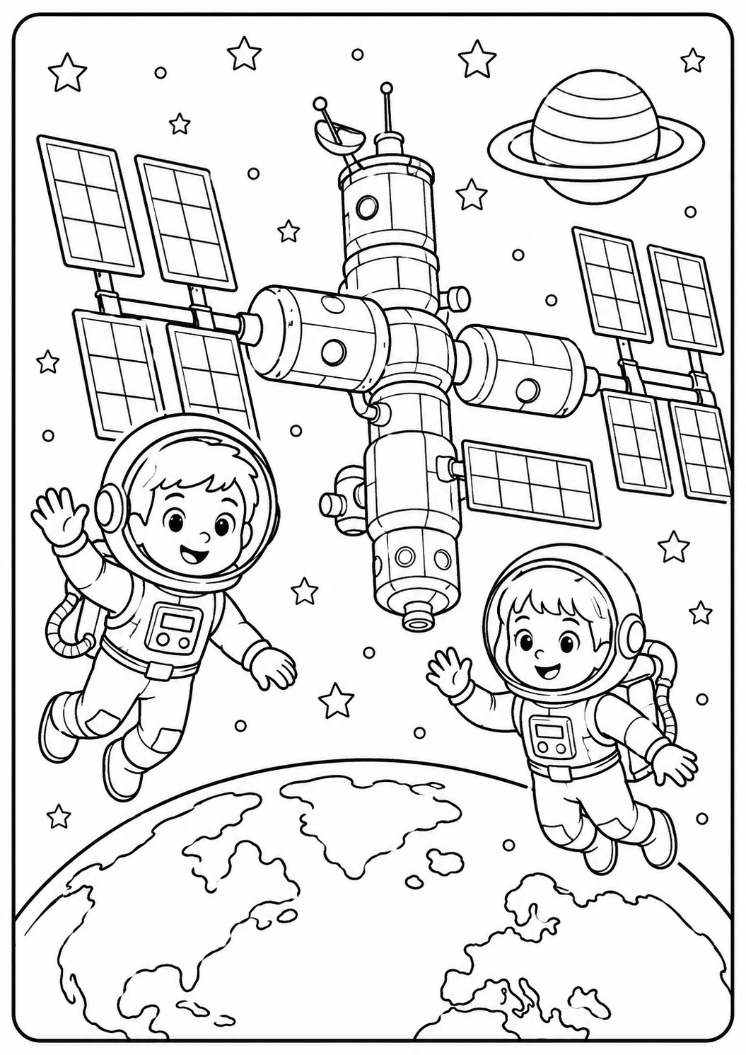 Color two astronauts floating above Earth beside a large space station and its solar panels. This orbital adventure offers creative fun for ages 5–8.
