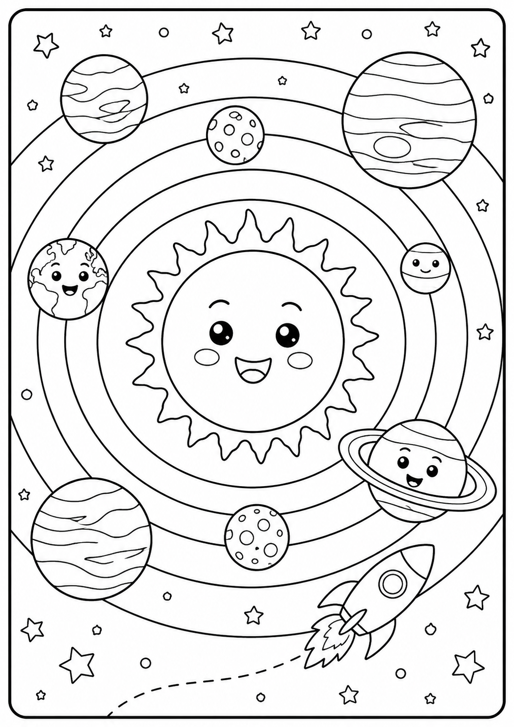 Color a smiling sun and friendly planets traveling along their orbits with a little rocket nearby. This cheerful solar-system page is suitable for ages 4–7.