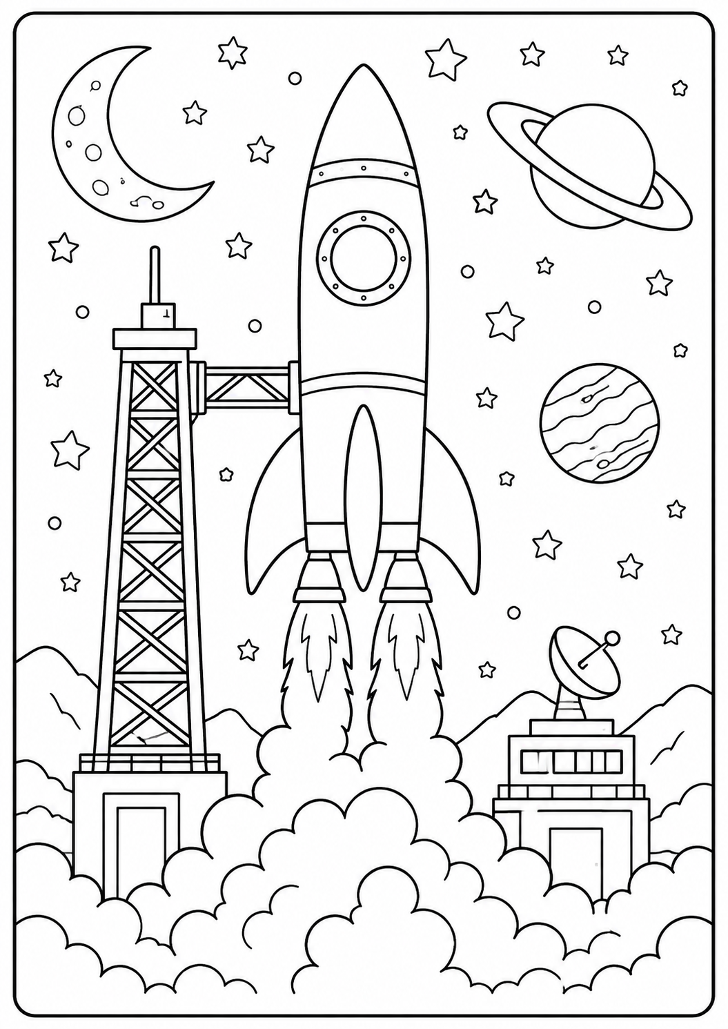 Color a tall rocket lifting off between its launch towers toward the moon and ringed planets. Bold outlines make this printable approachable for ages 4–7.