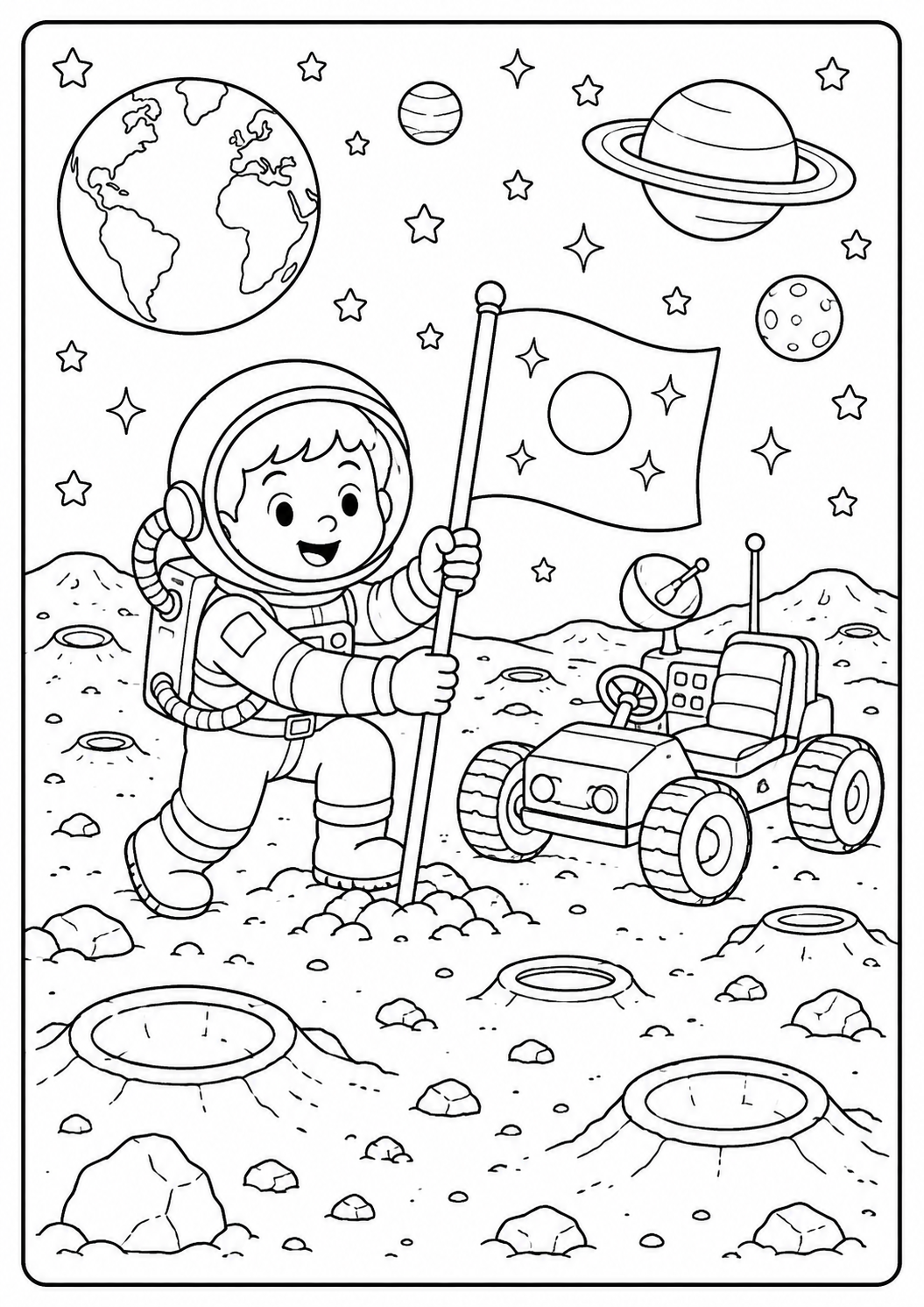 Color a young astronaut holding a flag beside a moon rover with Earth shining overhead. This free printable lunar mission is designed for children ages 4–7.