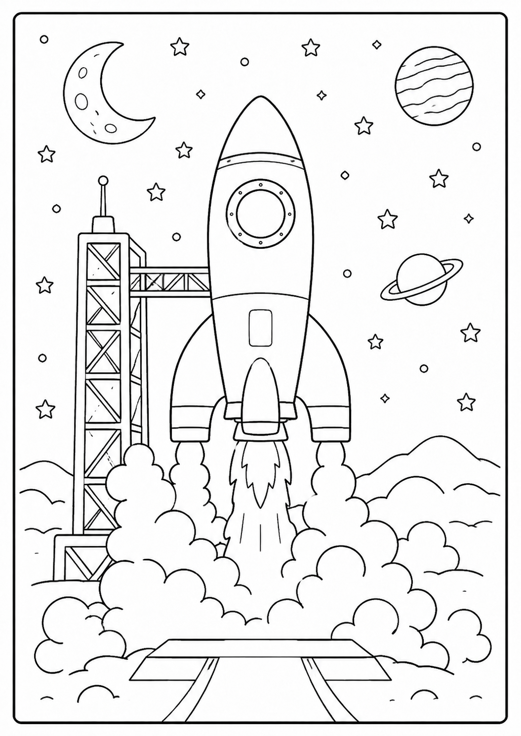 Color a rocket blasting off from its launch tower beneath the moon and planets. Broad clouds and bold outlines make this printable suitable for ages 4–7.