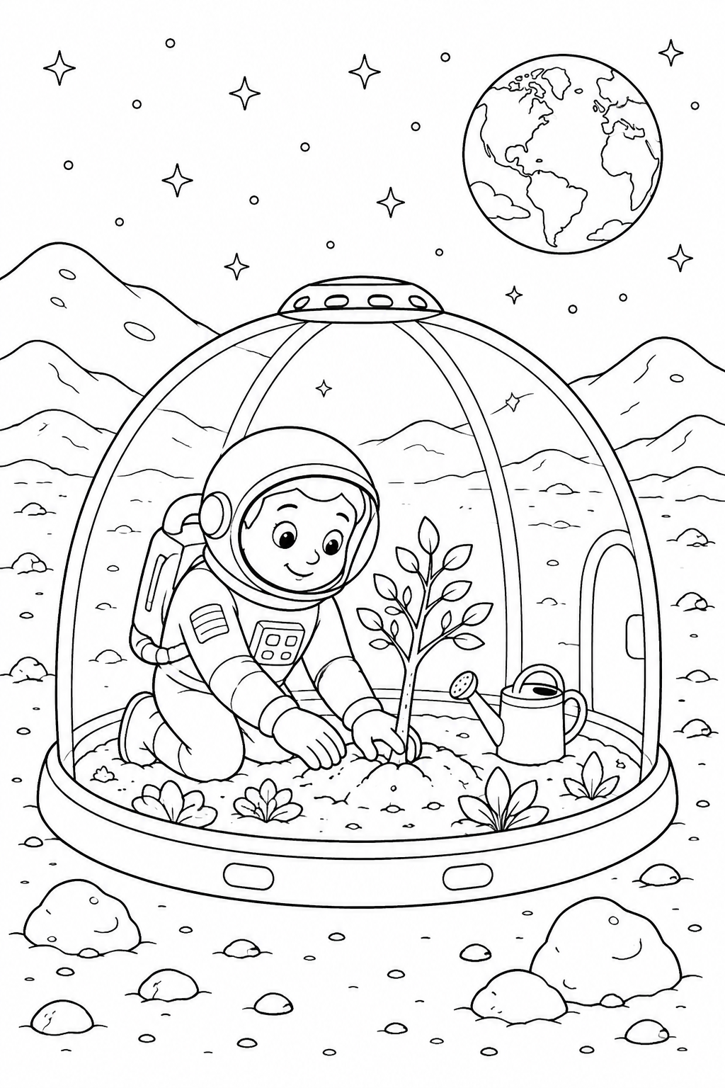 Color an astronaut planting a tree inside a glass-domed greenhouse on Mars.