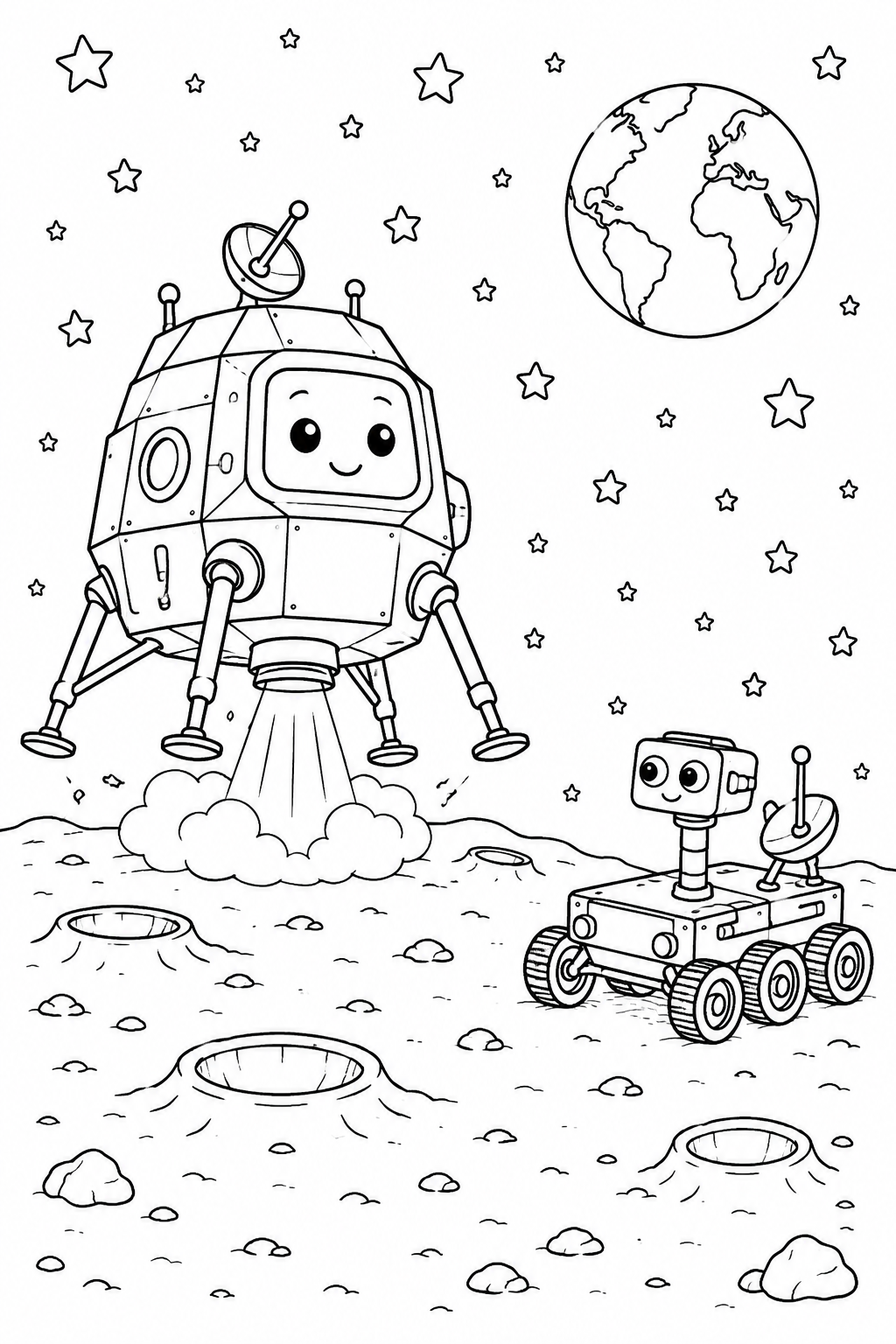 Color a friendly lunar lander touching down while a little moon rover watches nearby.