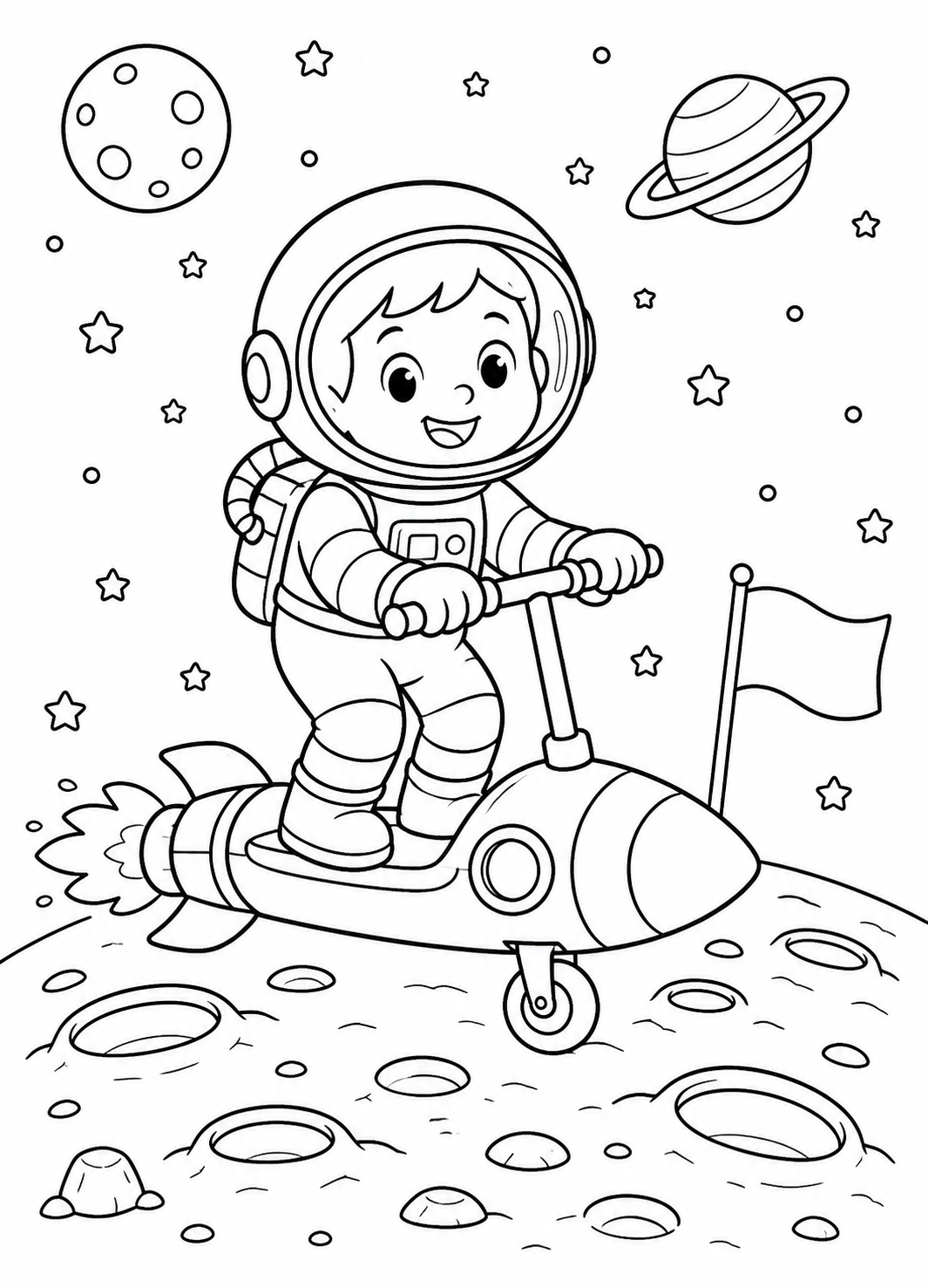 Color a cheerful astronaut riding a rocket-shaped scooter across the cratered moon.