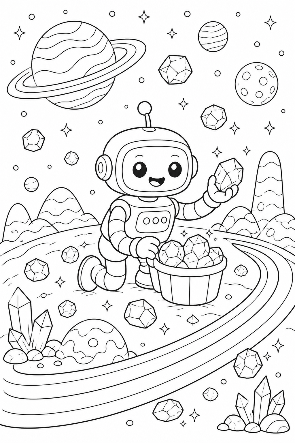 Color a friendly robot collecting sparkling crystals on a distant ringed planet.