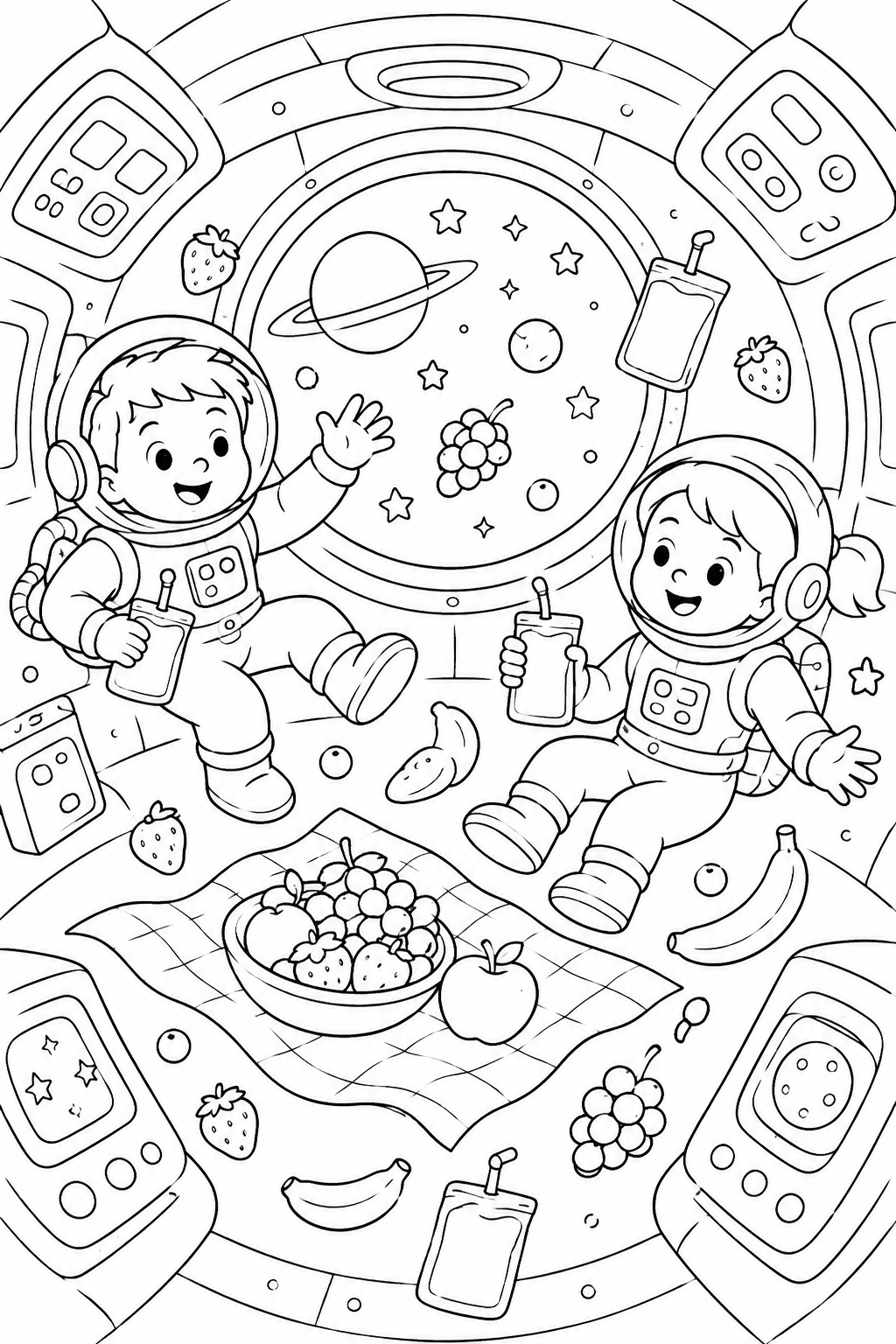 Color two astronauts enjoying a weightless picnic with fruit and drink pouches floating around them.