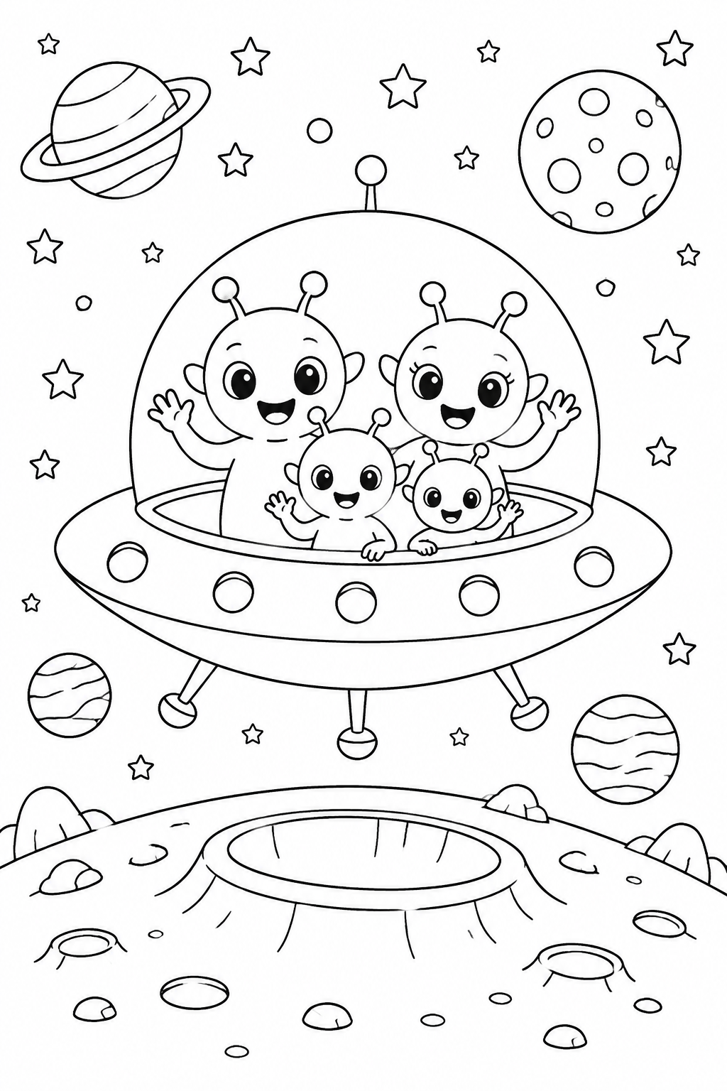 Color a cheerful alien family waving from their round UFO above a cratered moon.