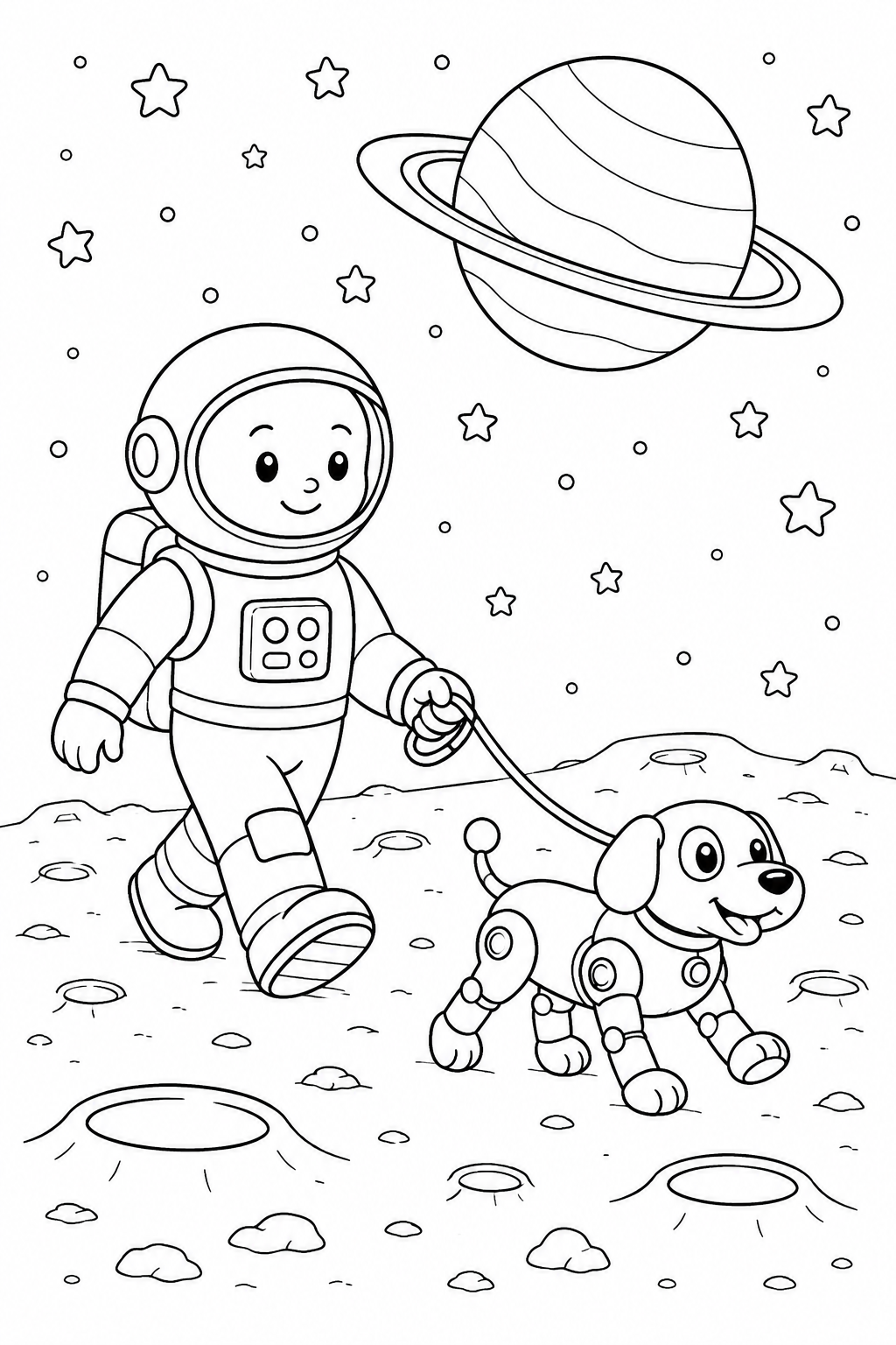 Color an astronaut walking a playful robot dog across the moon beneath a ringed planet.