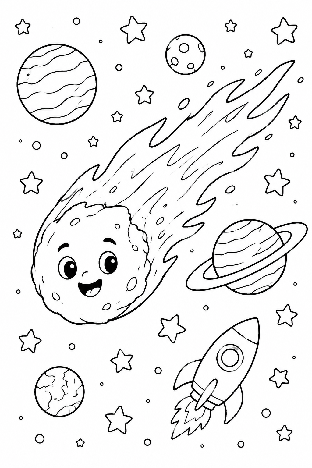 Color a whimsical smiling comet flying past stars, planets and a tiny rocket.