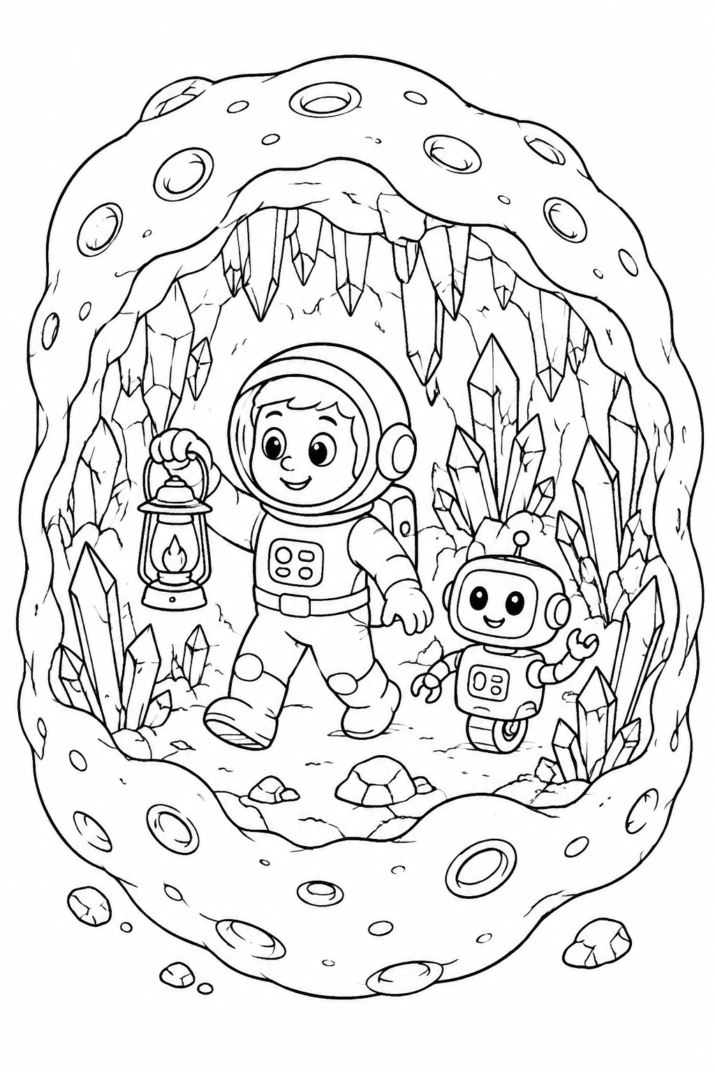Color an astronaut and robot discovering a sparkling crystal cave inside an asteroid.