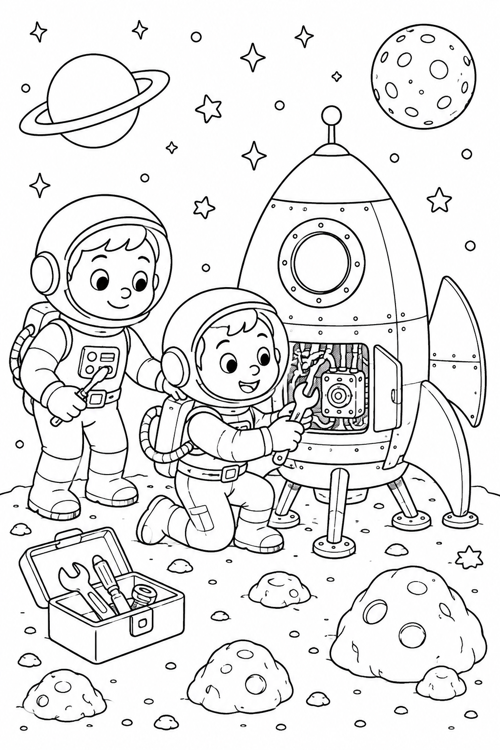 Color two astronauts repairing their small rocket with tools on the moon.