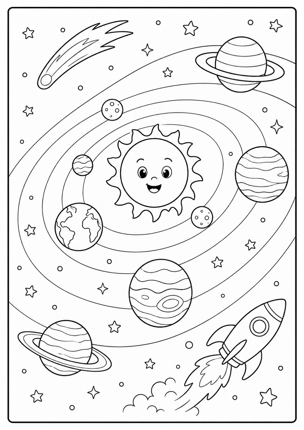 Color a cheerful sun surrounded by orbiting planets, moons and a speeding rocket. This playful solar-system printable is designed for children ages 5–8.