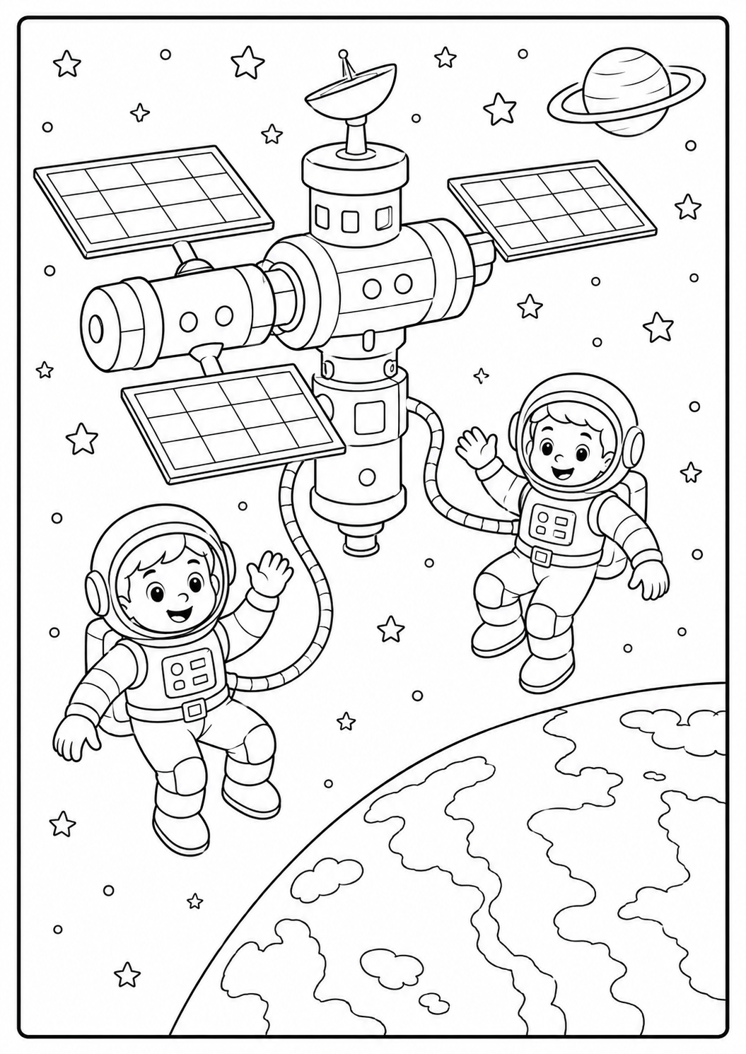 Color two astronauts floating above Earth beside a detailed orbiting space station. The solar panels and mechanical shapes offer a challenge for ages 6–9.