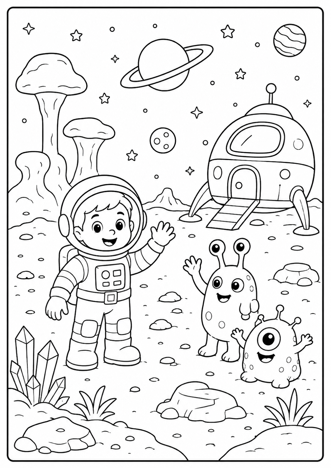 Color a young astronaut greeting two friendly aliens beside their spaceship and unusual moon plants. This imaginative printable suits children ages 4–7.