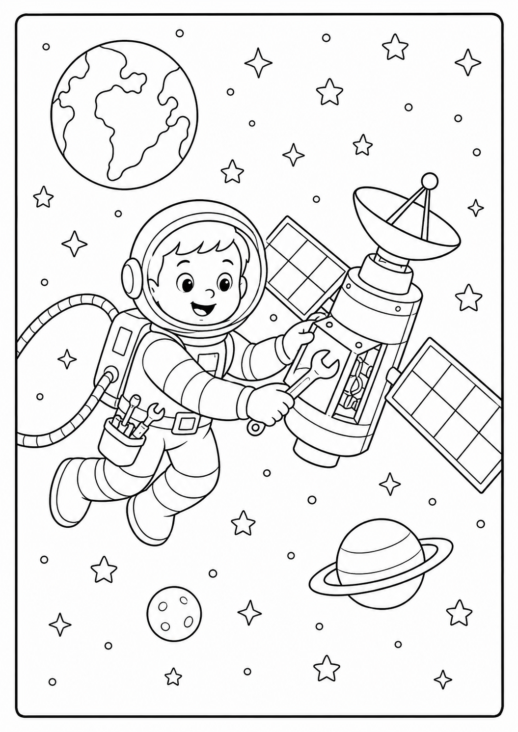 Color an astronaut working on a satellite while floating high above Earth. Detailed solar panels, tools and space equipment make this page best for ages 6–9.