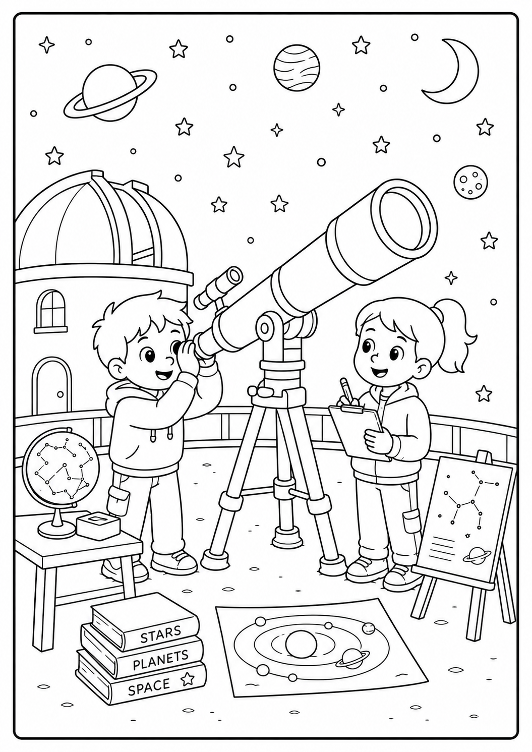Color two young astronomers studying the night sky with a telescope, globe, charts and books. This detailed science-themed printable suits ages 6–9.